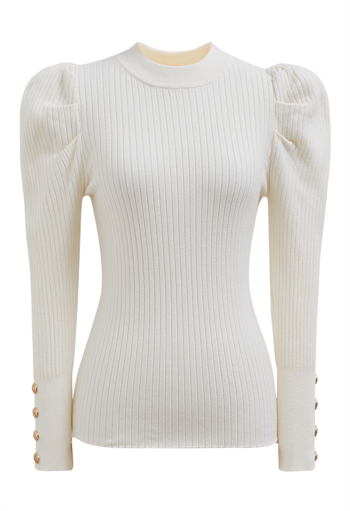 Modern Gigot Sleeves Rib Knit Top in Ivory