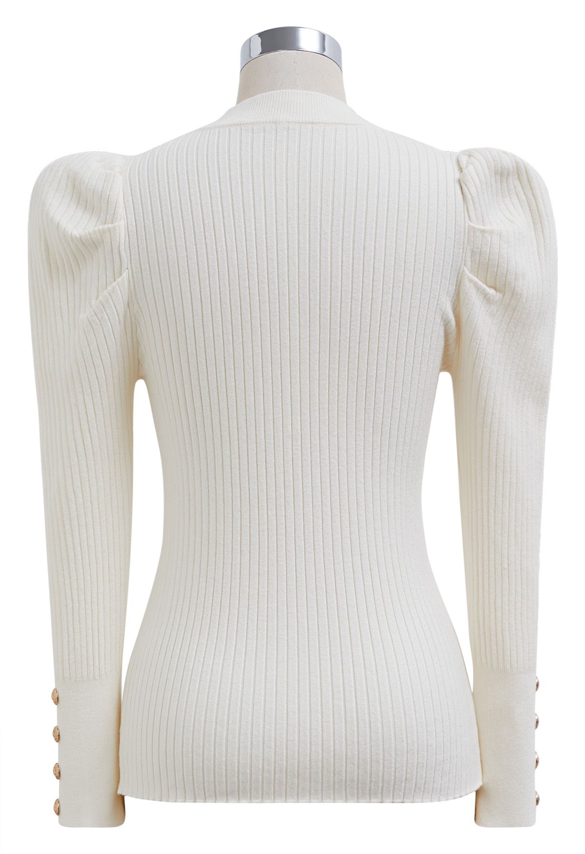 Modern Gigot Sleeves Rib Knit Top in Ivory