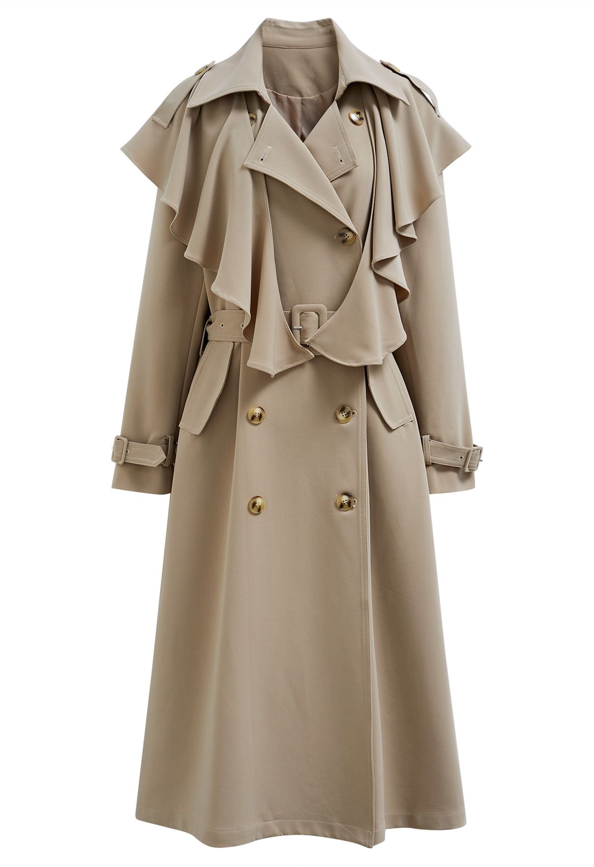 Ruffle Trimmed Belted Double-Breasted Trench Coat in Khaki