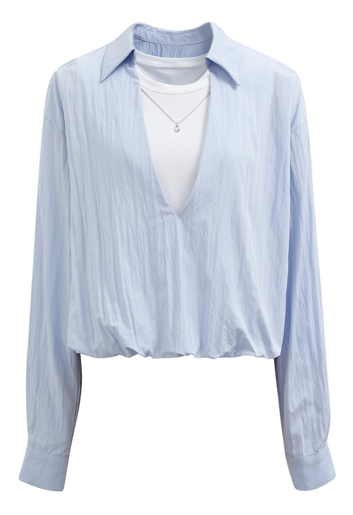 Necklace Decorated Fake Two-Piece Shirt in Light Blue