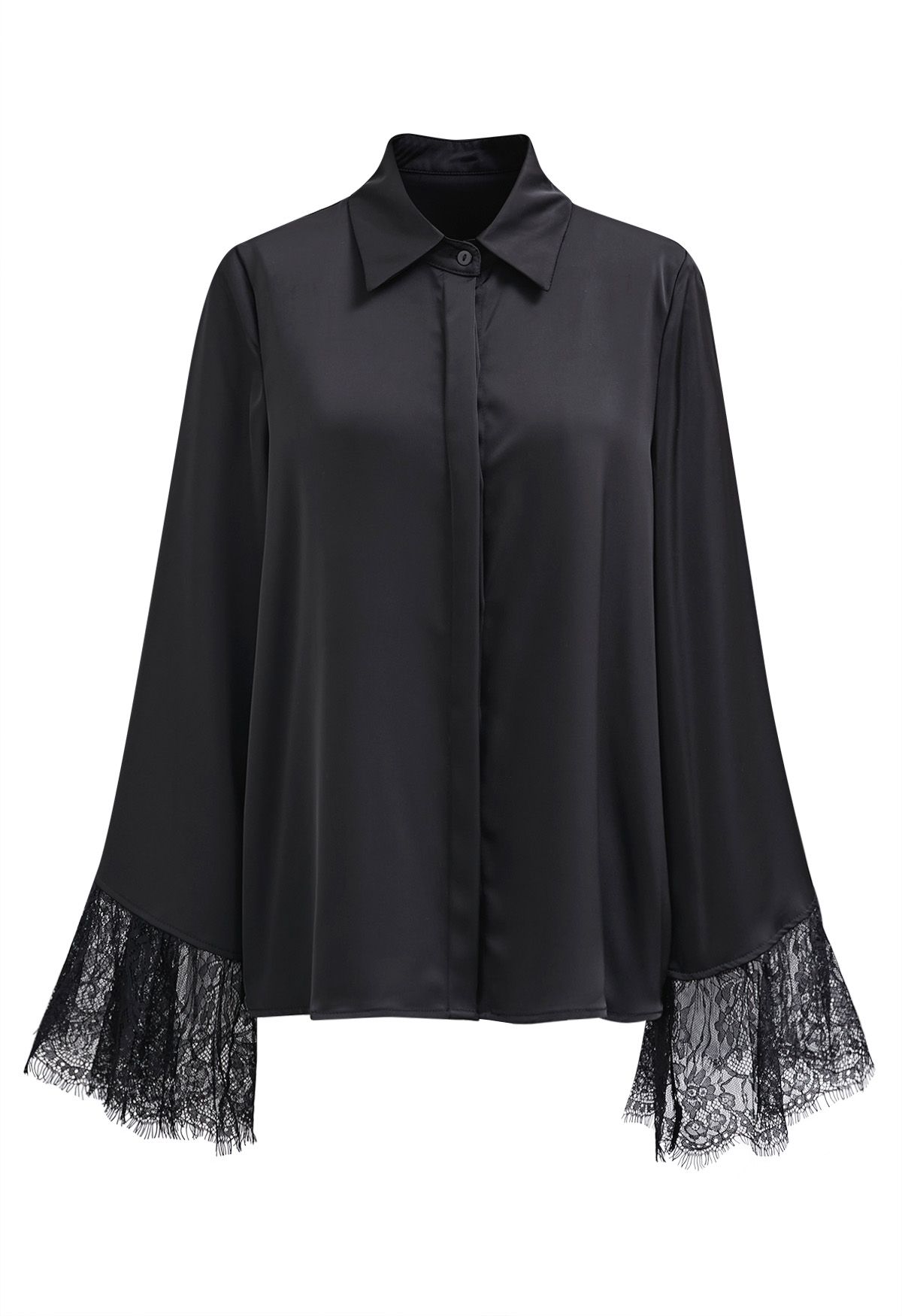 Lace Cuff Bell-Sleeve Satin Shirt in Black