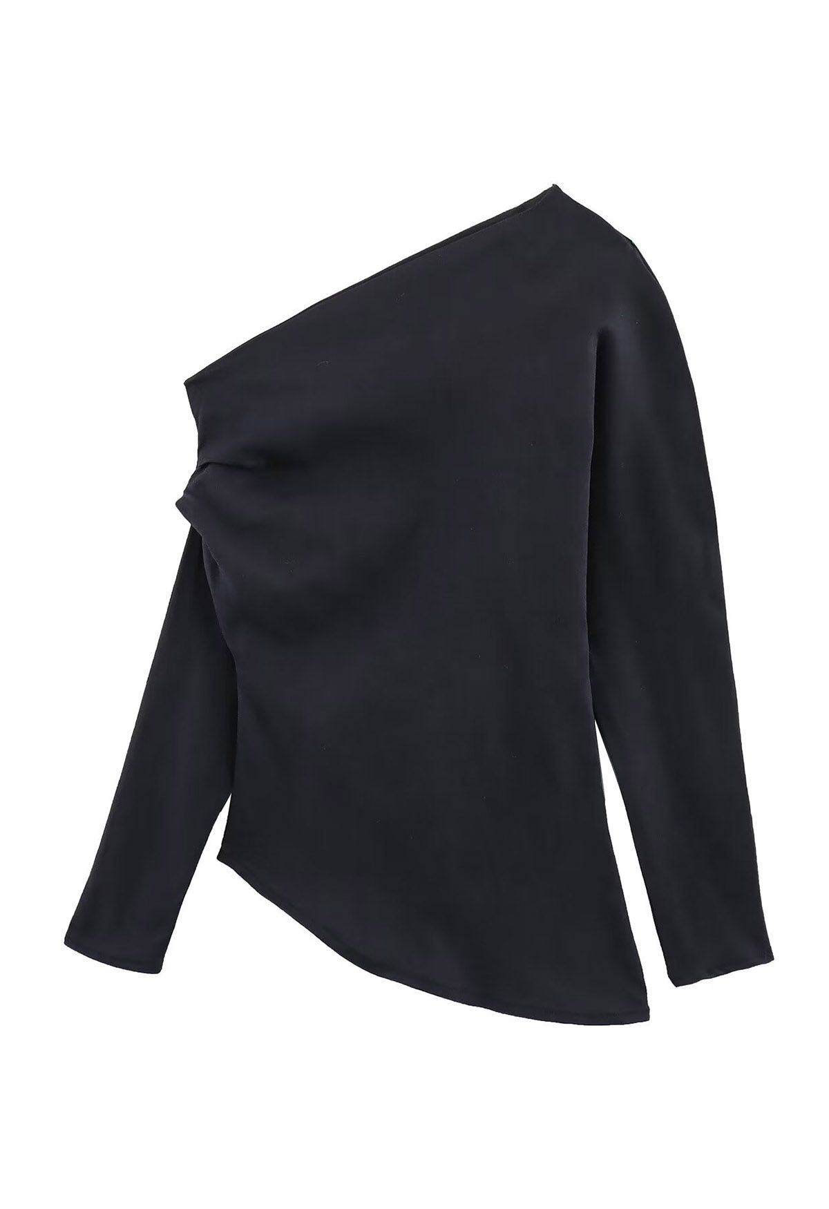 Asymmetric Ruched Detail Long Sleeves Top in Black