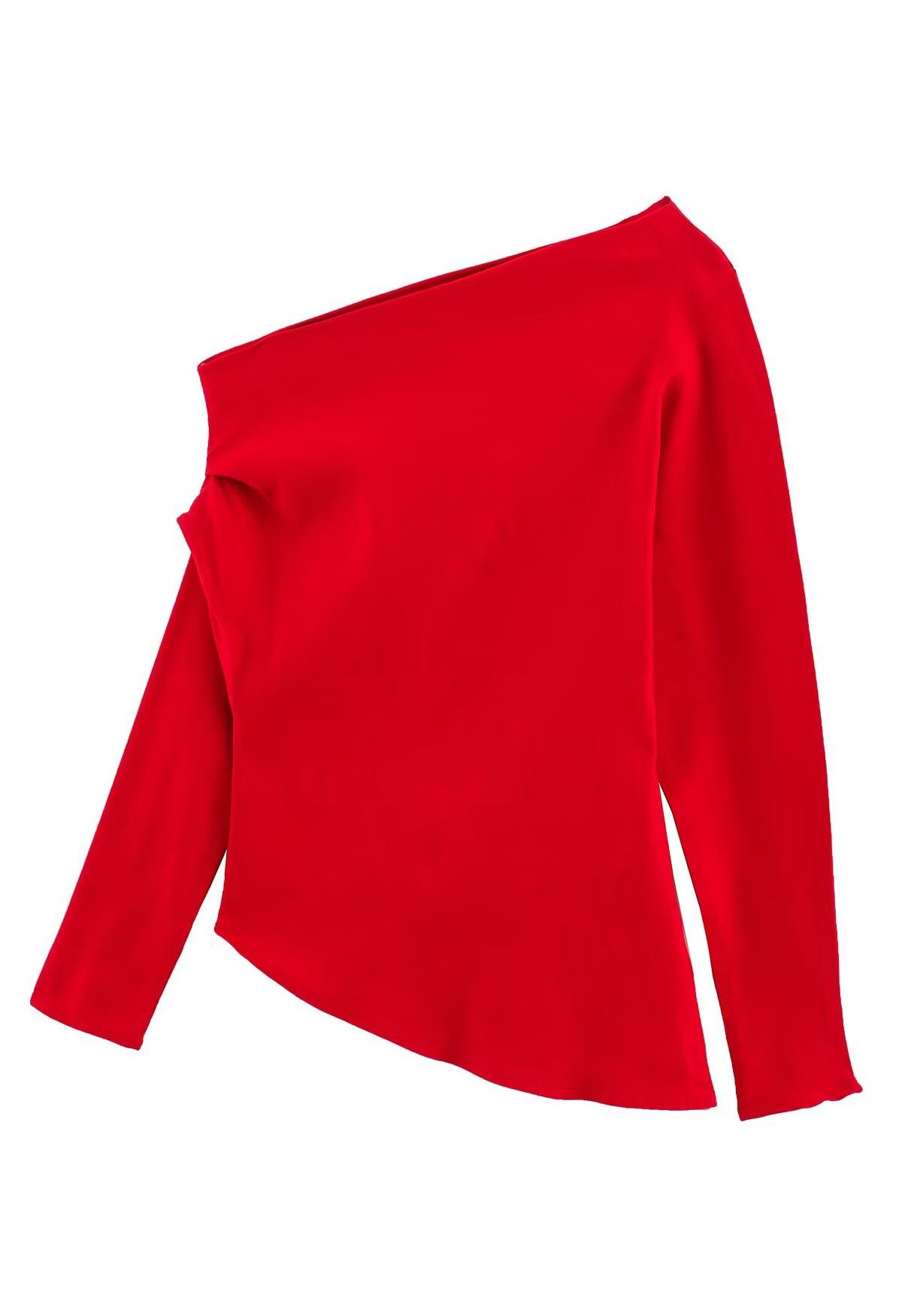 Asymmetric Ruched Detail Long Sleeves Top in Red