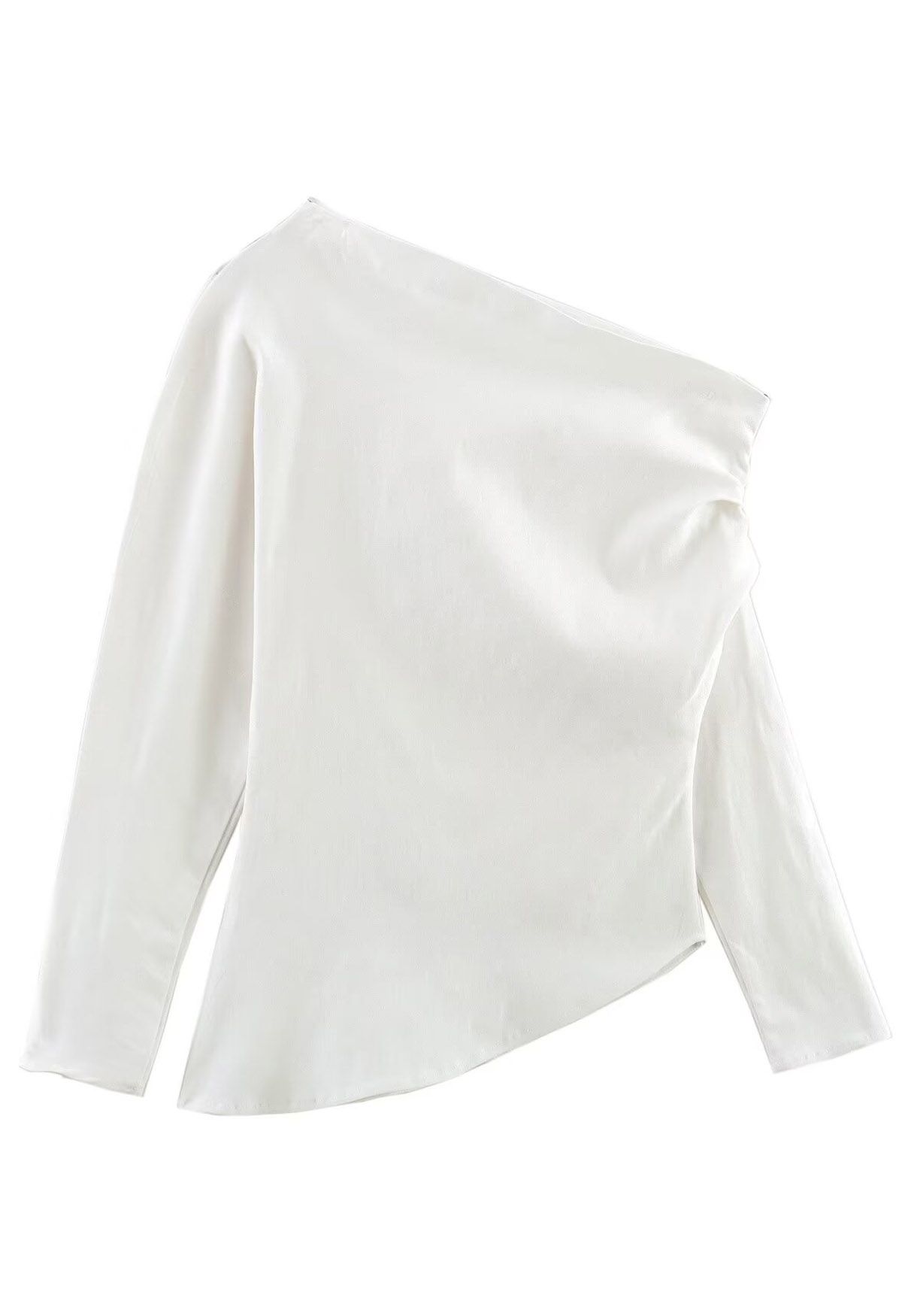 Asymmetric Ruched Detail Long Sleeves Top in White