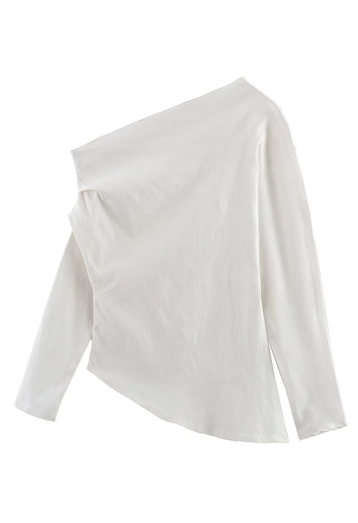 Asymmetric Ruched Detail Long Sleeves Top in White