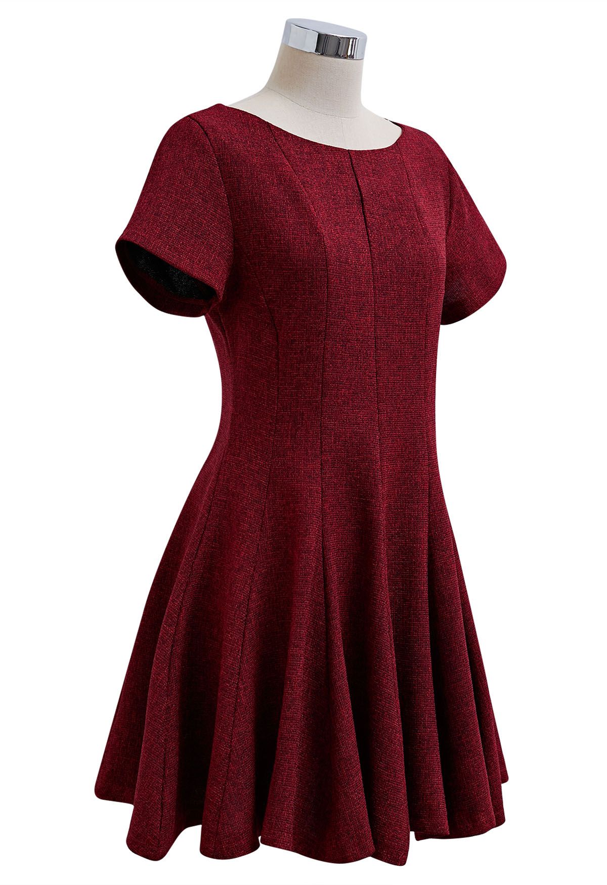 Fit-and-Flare Seamed Tweed Mini Dress in Red