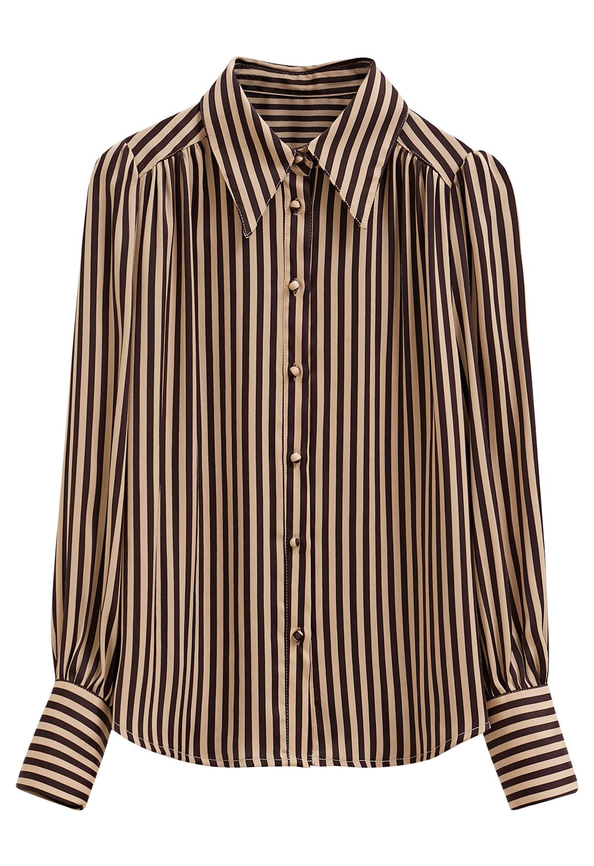 Stripe Print Point Collar Buttoned Shirt