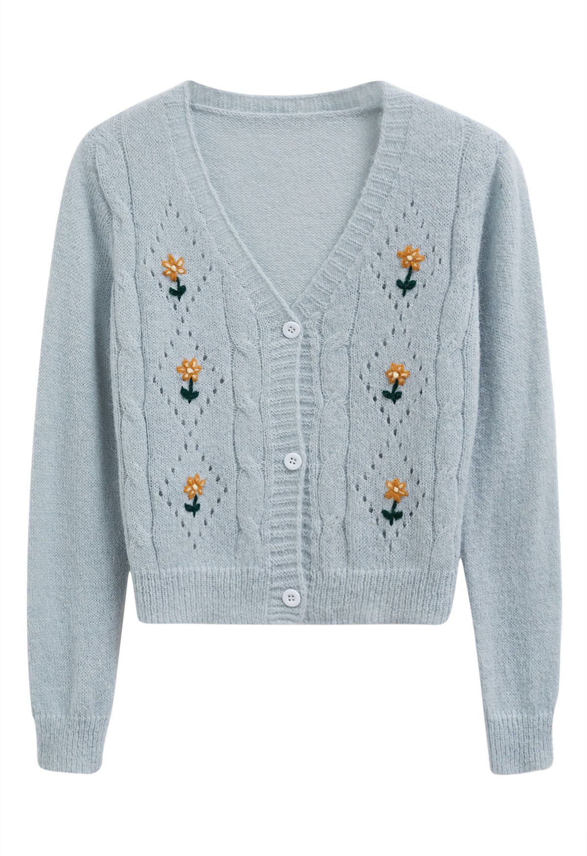 Dainty Floret Pointelle Knit Cardigan in Blue