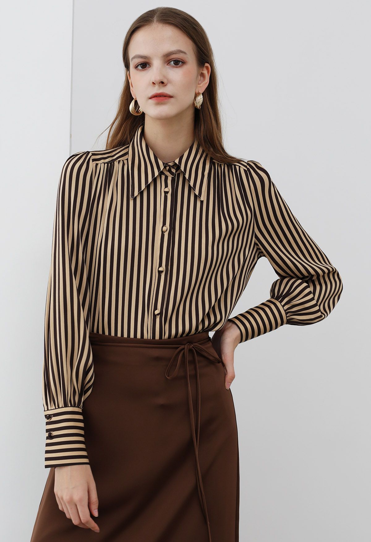 Stripe Print Point Collar Buttoned Shirt