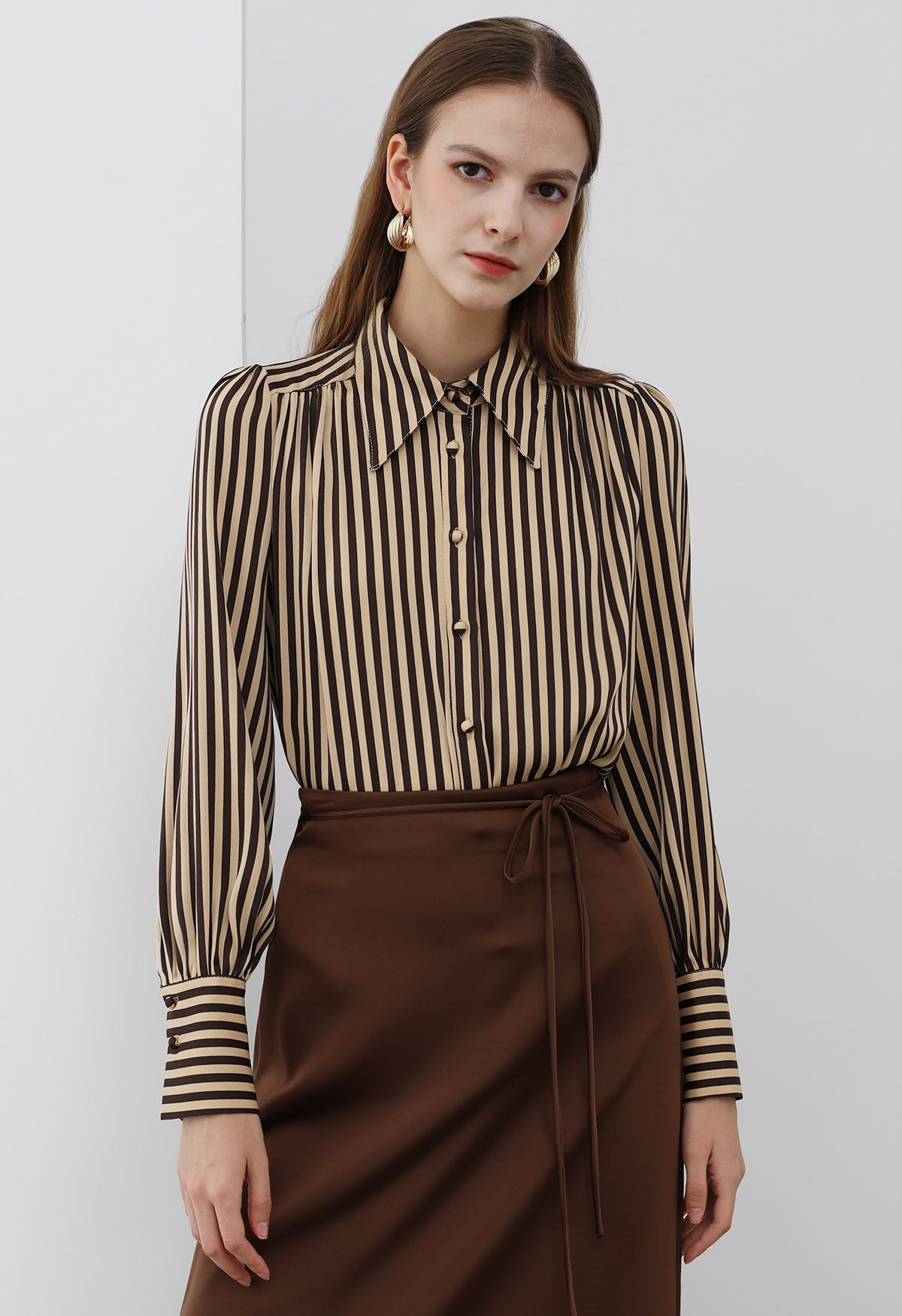 Stripe Print Point Collar Buttoned Shirt