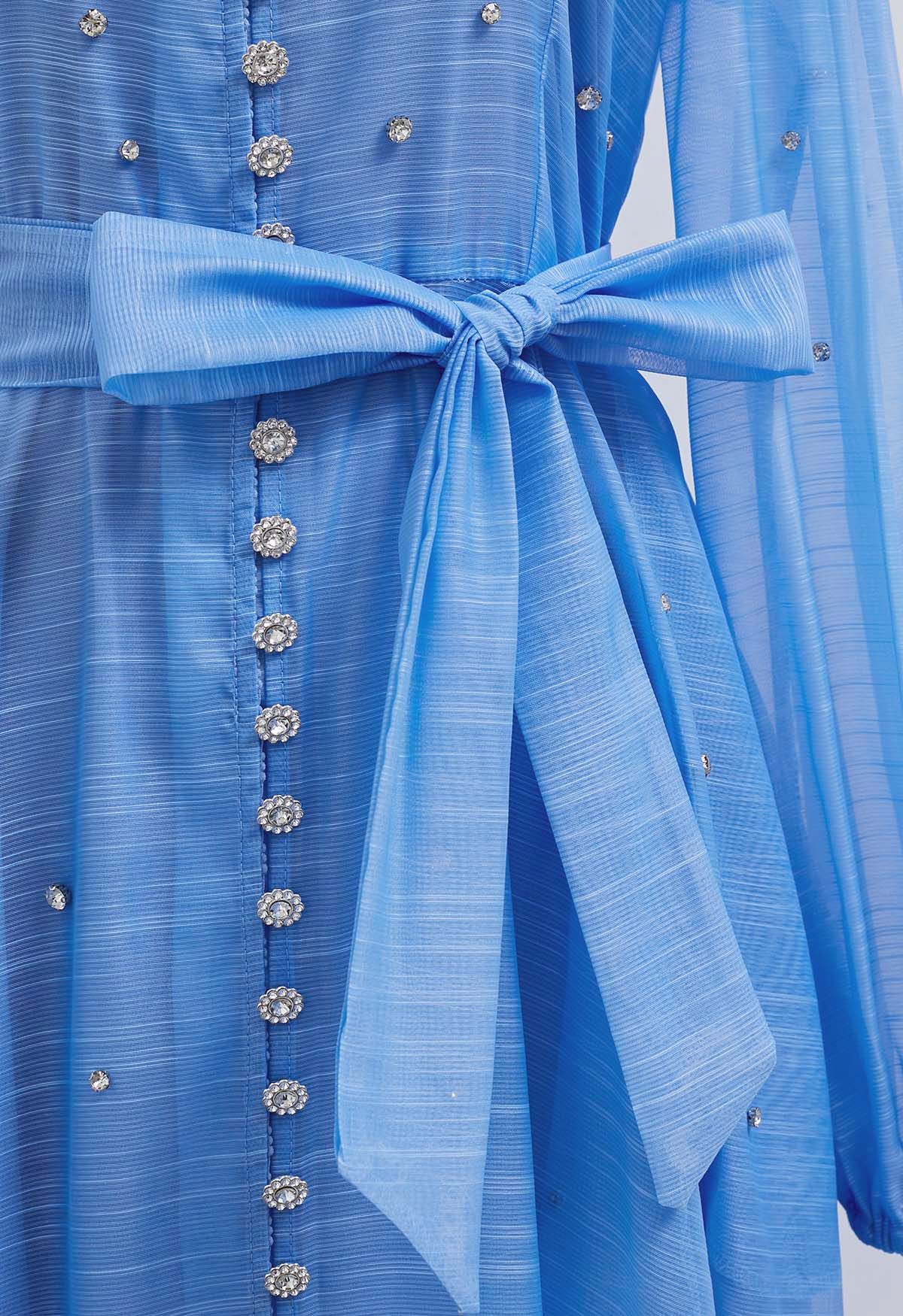 Rhinestone Decor Button Tie-Sash Organza Maxi Dress in Light Blue