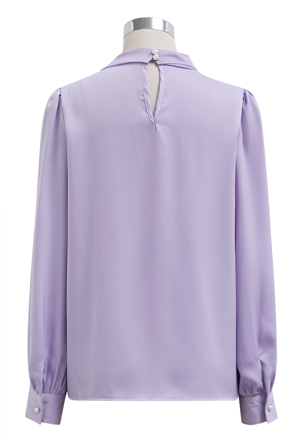 Self-Tie Bowknot Floral Brooch Satin Shirt in Lavender