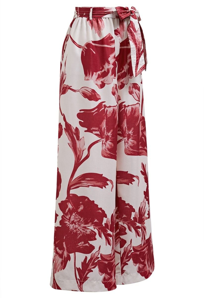 Red Bouquet Printed Wide-Leg Pants