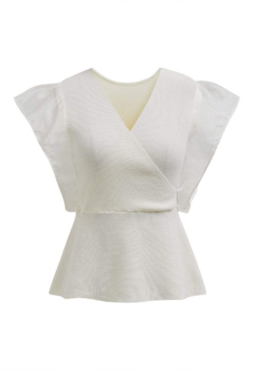 Organza Spliced Sleeveless Faux Wrap Knit Top in Ivory