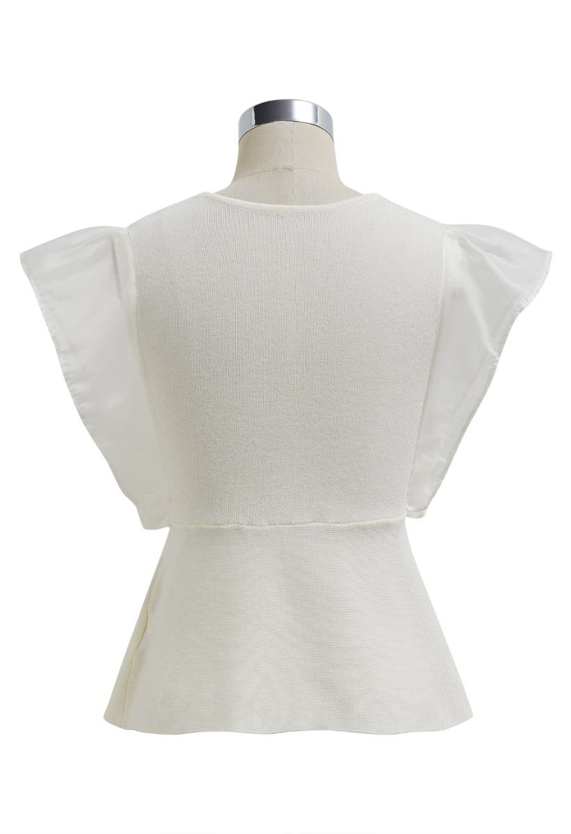 Organza Spliced Sleeveless Faux Wrap Knit Top in Ivory