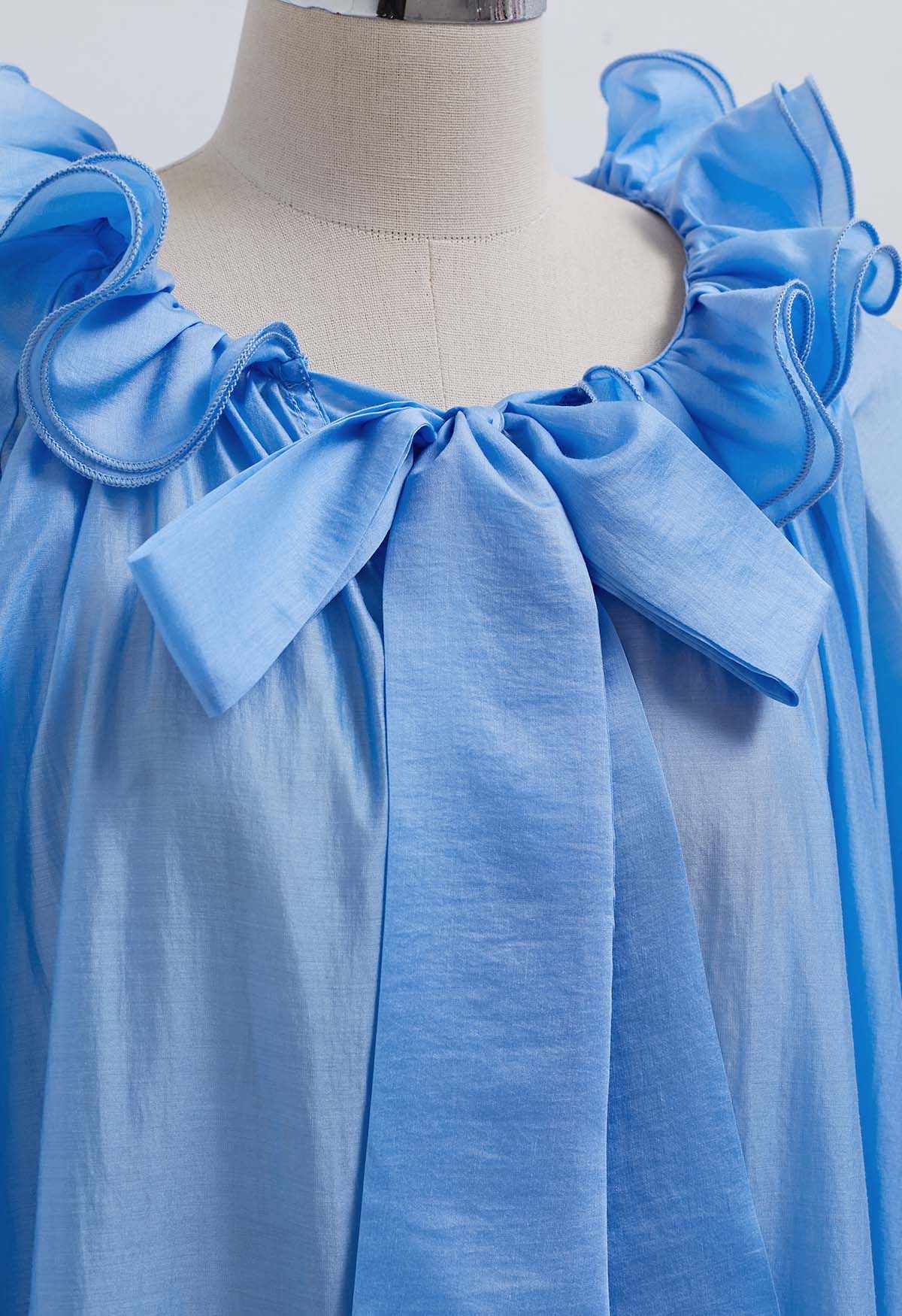 Tiered Ruffle Neckline Bowknot Lantern Sleeves Dolly Top in Blue