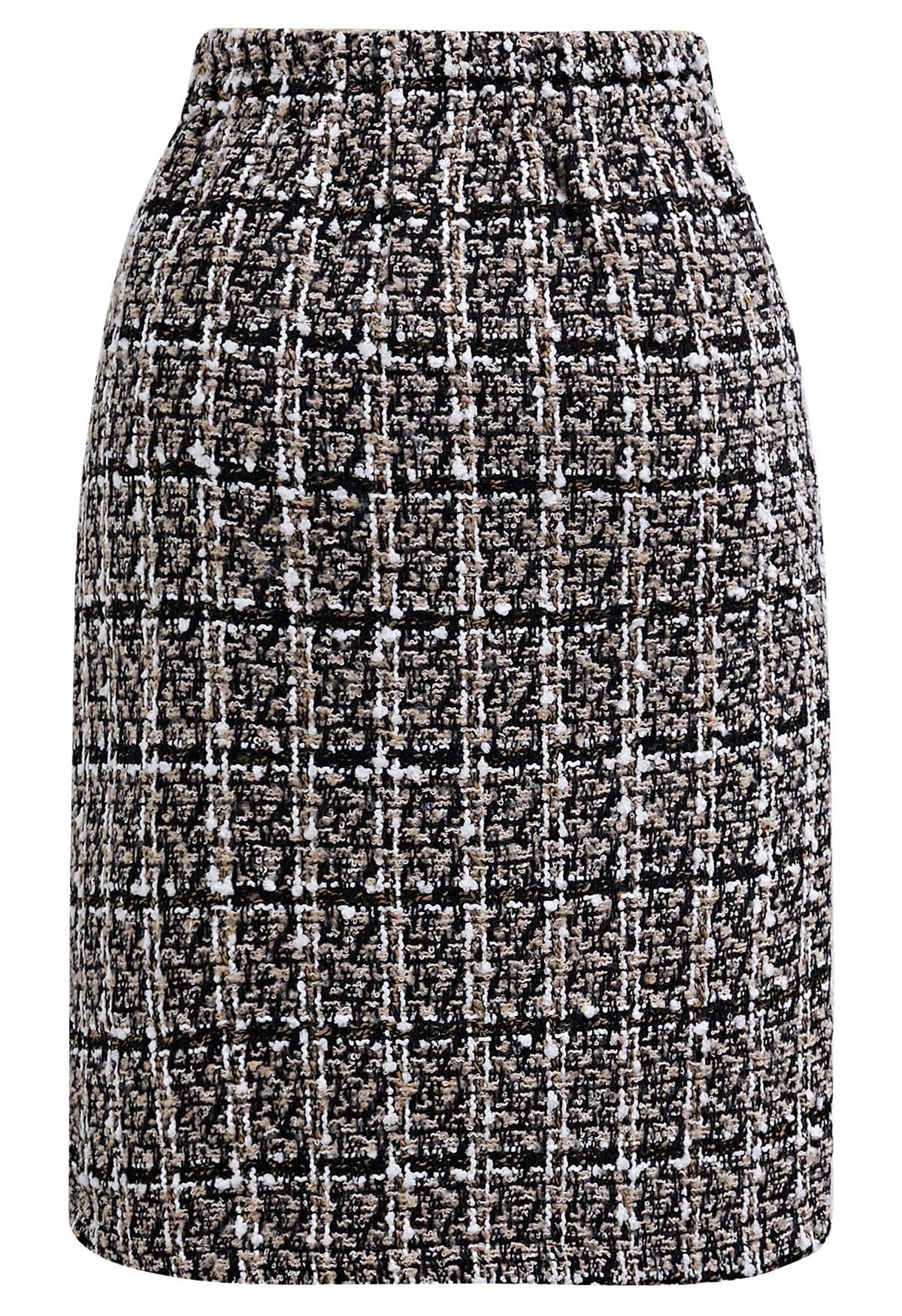 Patch Pocket Buttoned Check Tweed Skirt in Light Tan