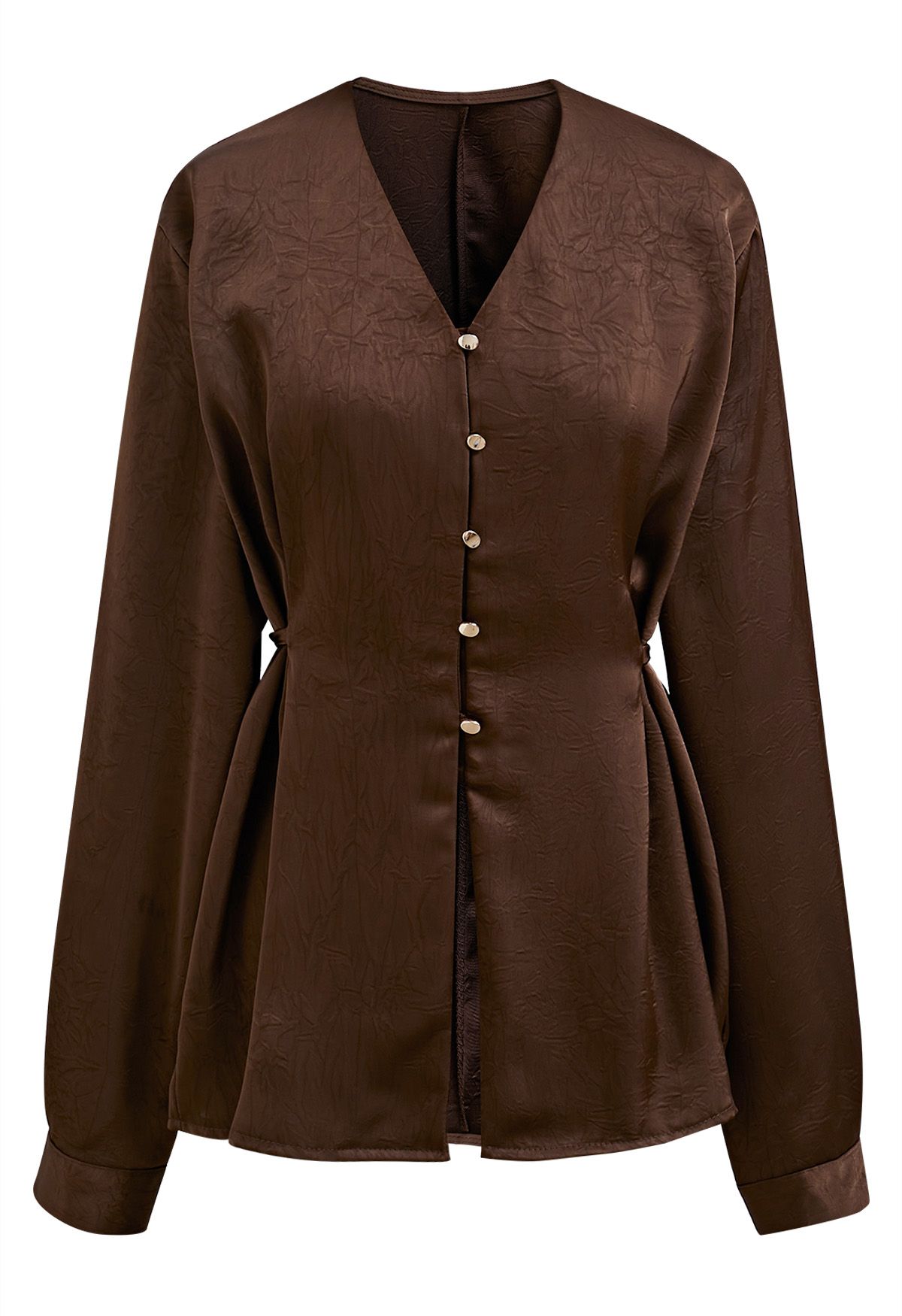 Tie Waist Button Front Texture Top in Brown