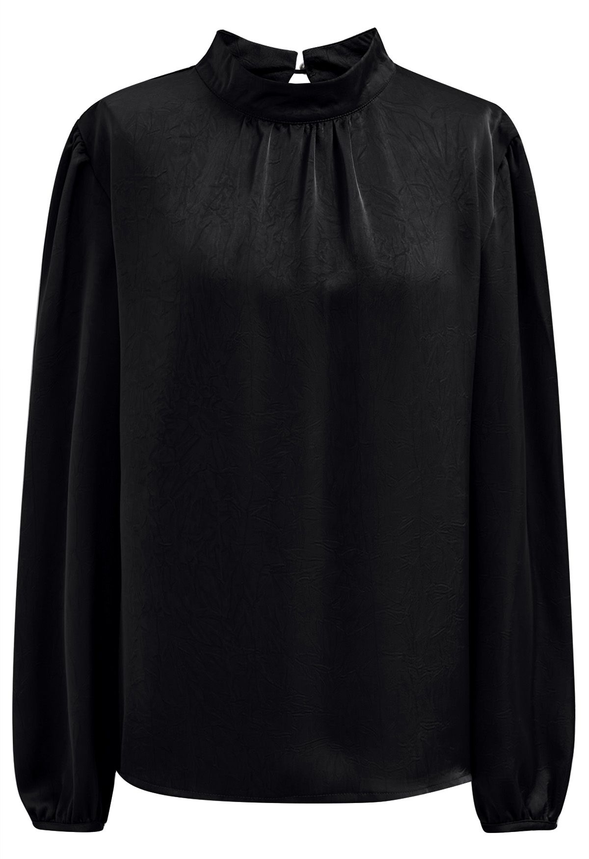 Tie Waist Bubble Sleeve Texture Top in Black