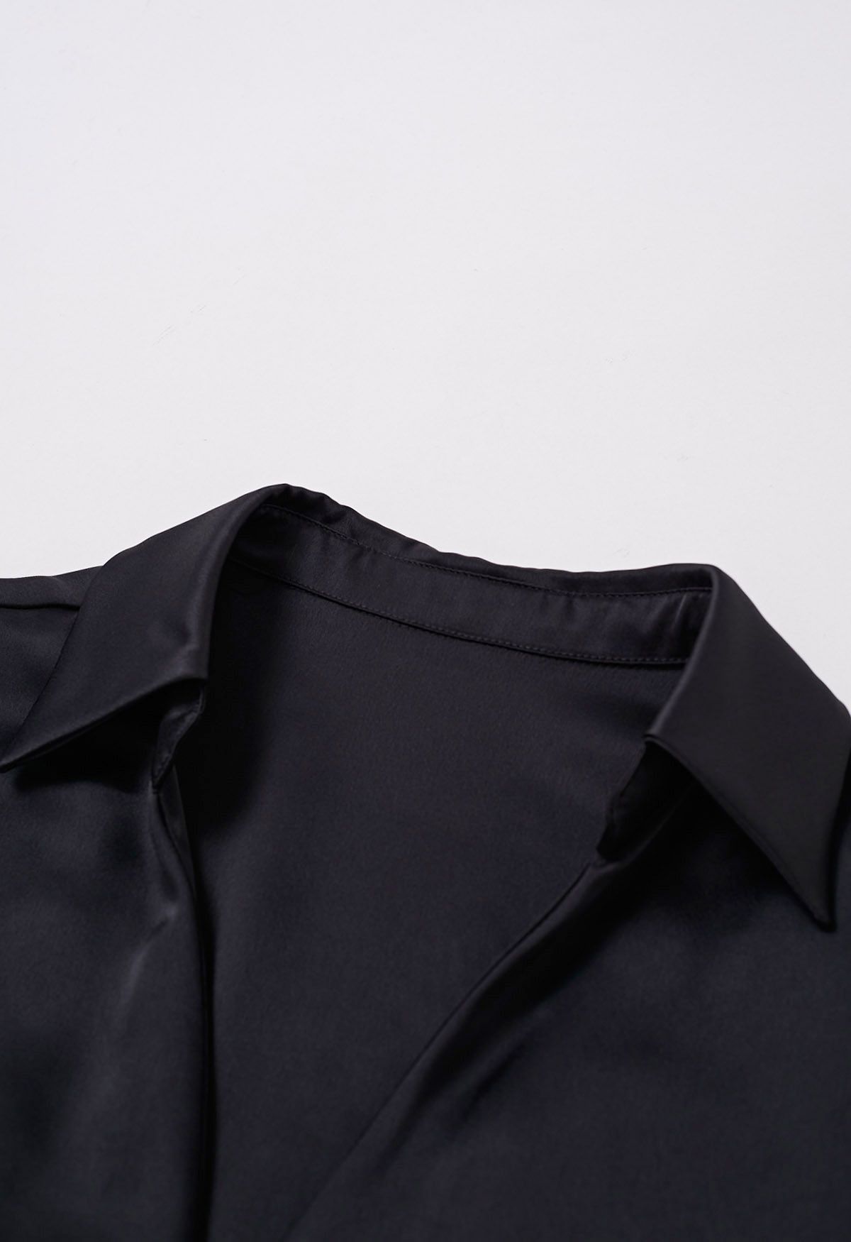Pointed Collar Tie-Waist Satin Wrap Top in Black