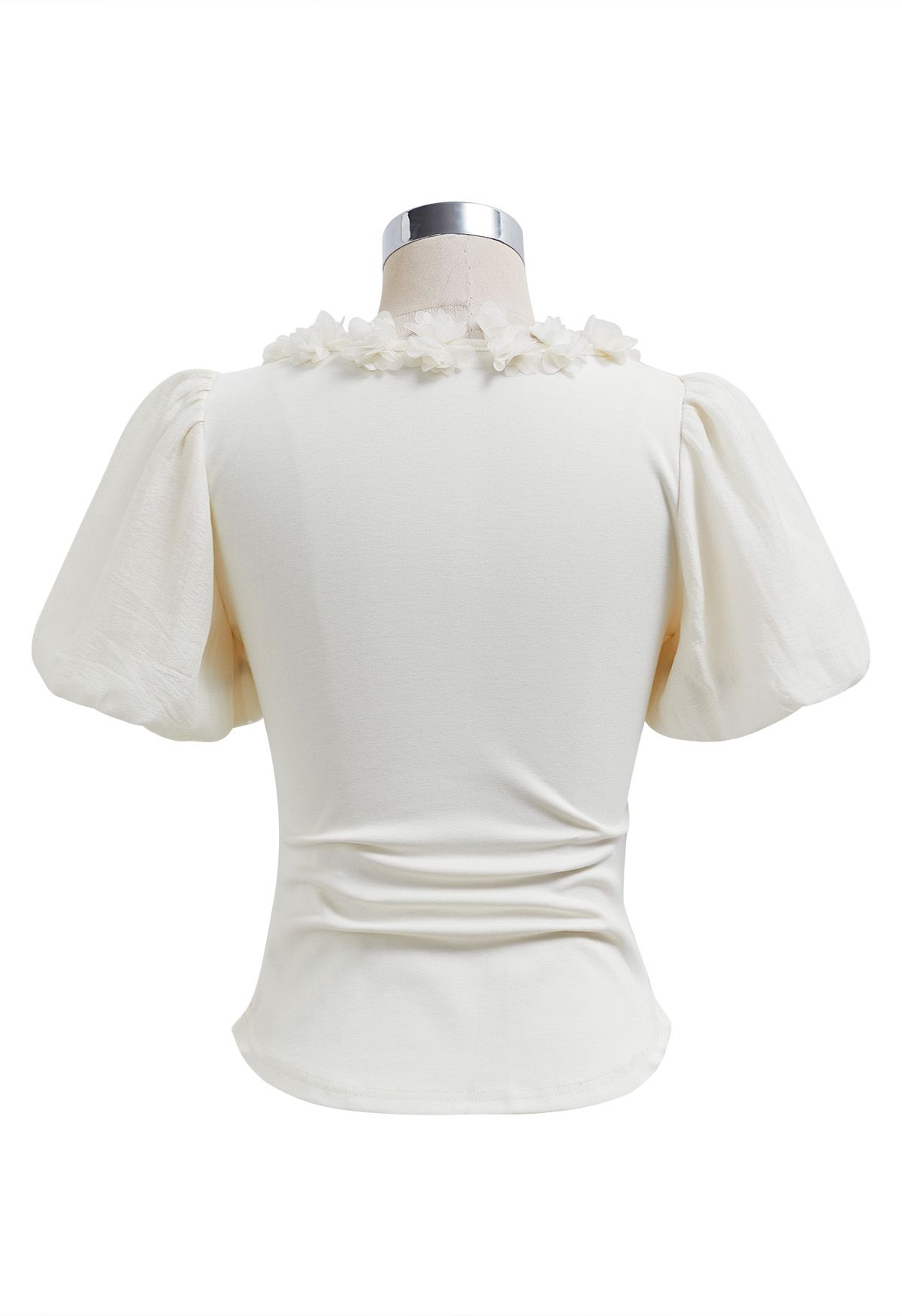 3D Flowers Neckline Bubble Sleeve Ruched Crop Top in White