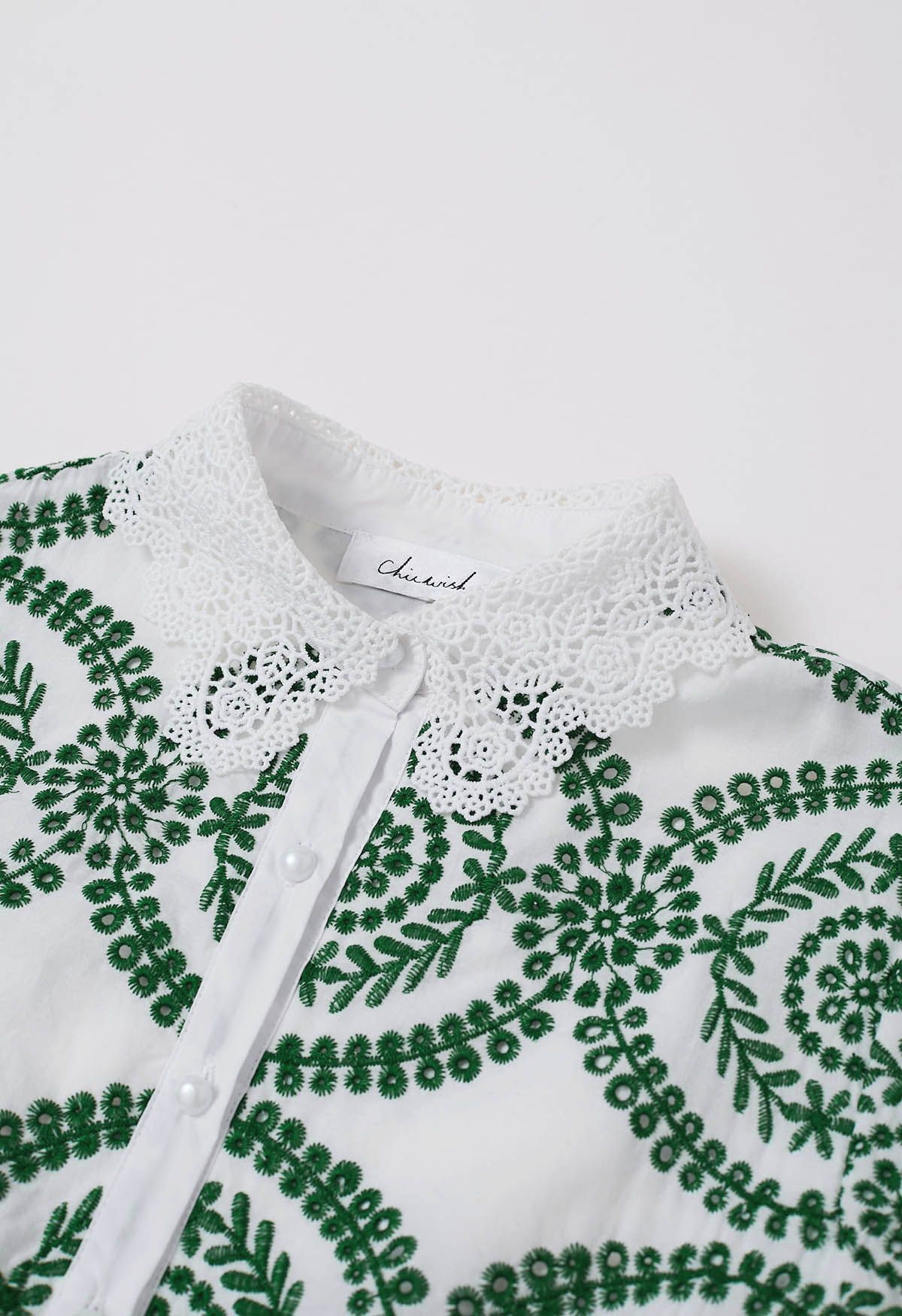 Crochet Collar Green Embroidered Eyelet Cotton Dress