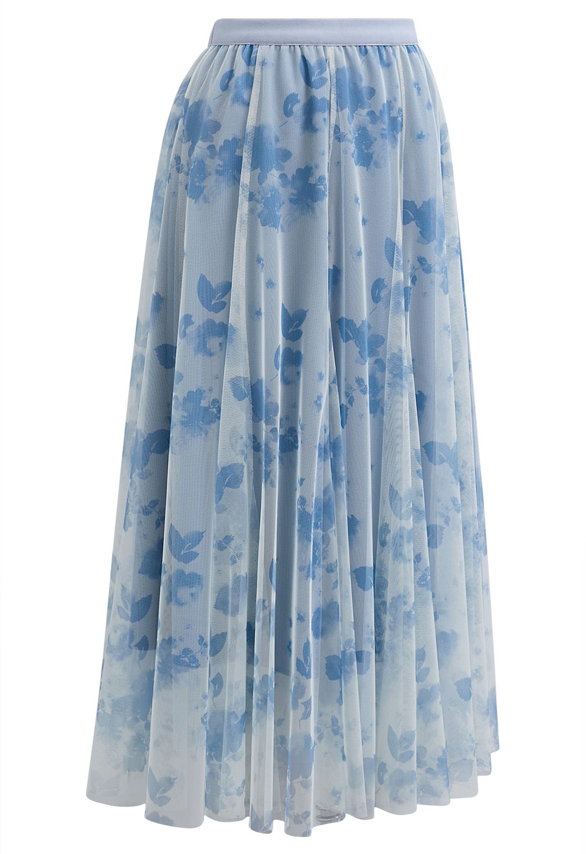 Watercolor Floral Printed Mesh Tulle Midi Skirt in Blue