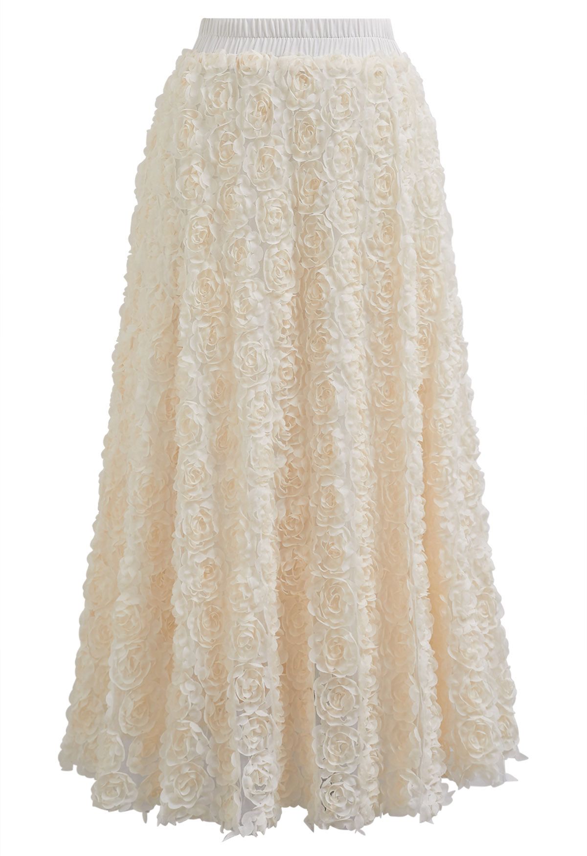 3D Rose Petal Mesh Midi Skirt in Cream