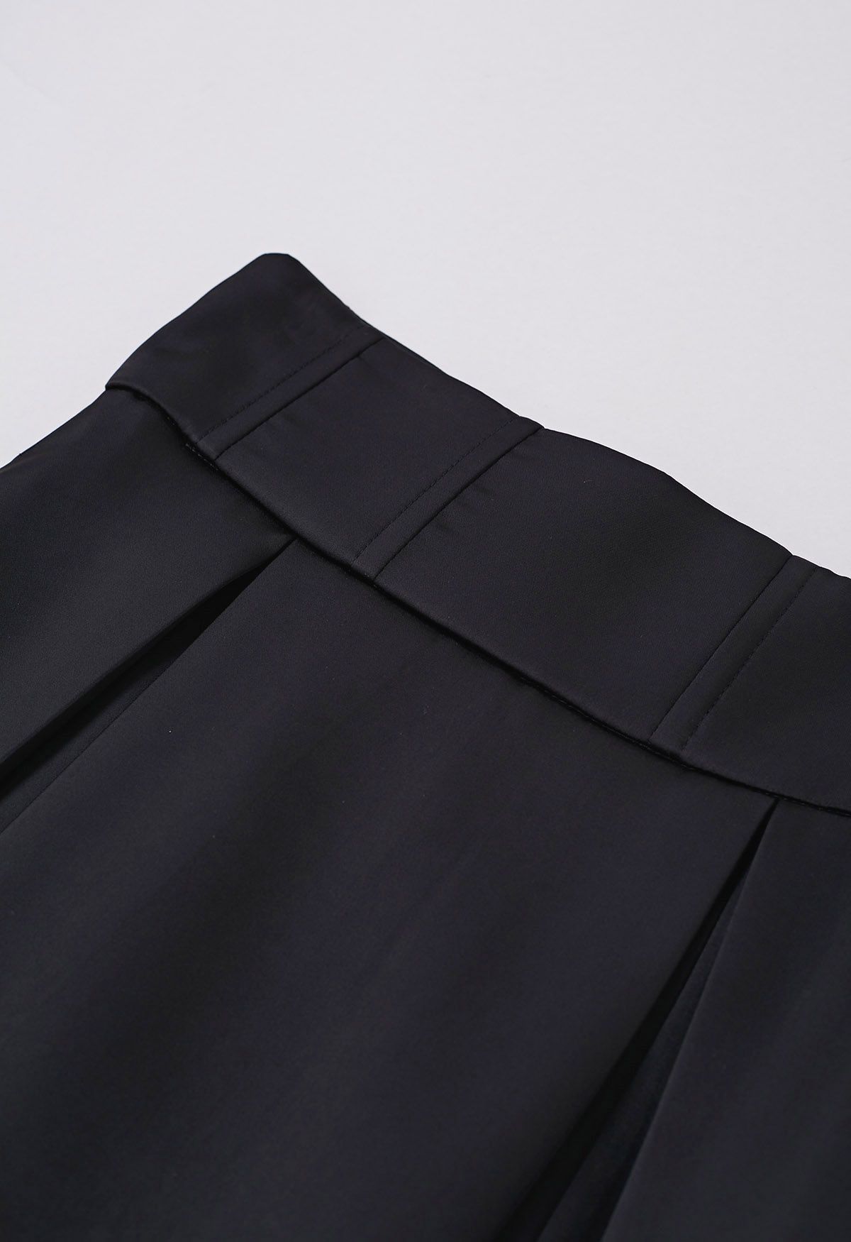 High-Slit Seamed Waist Pleated Satin Maxi Skirt in Black