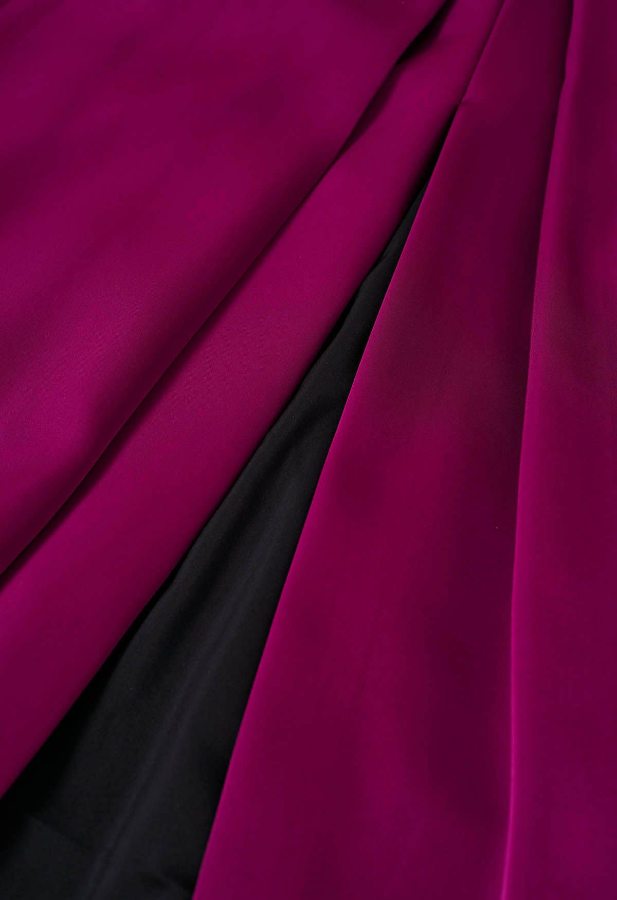 High-Slit Seamed Waist Pleated Satin Maxi Skirt in Magenta