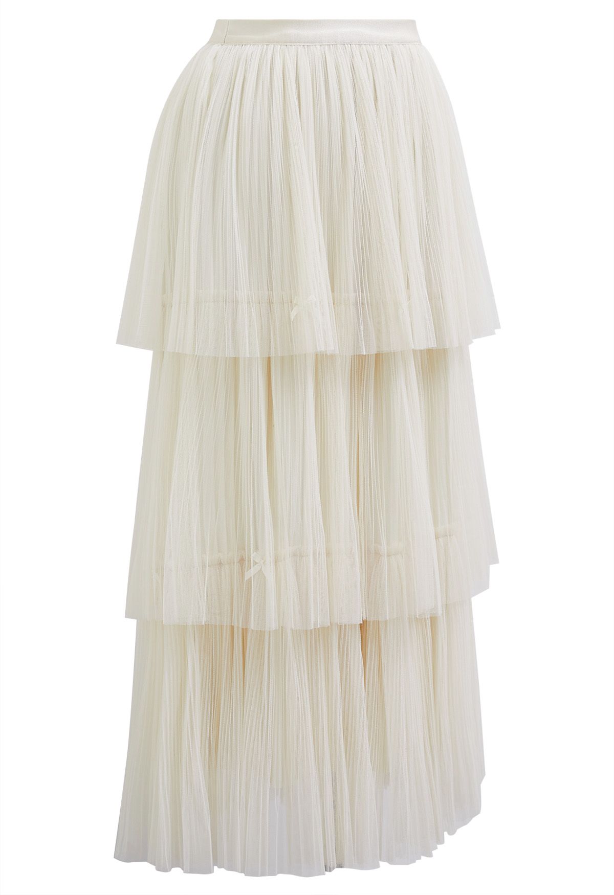 Bowknot Embellished Plisse Tiered Mesh Tulle Skirt in Cream