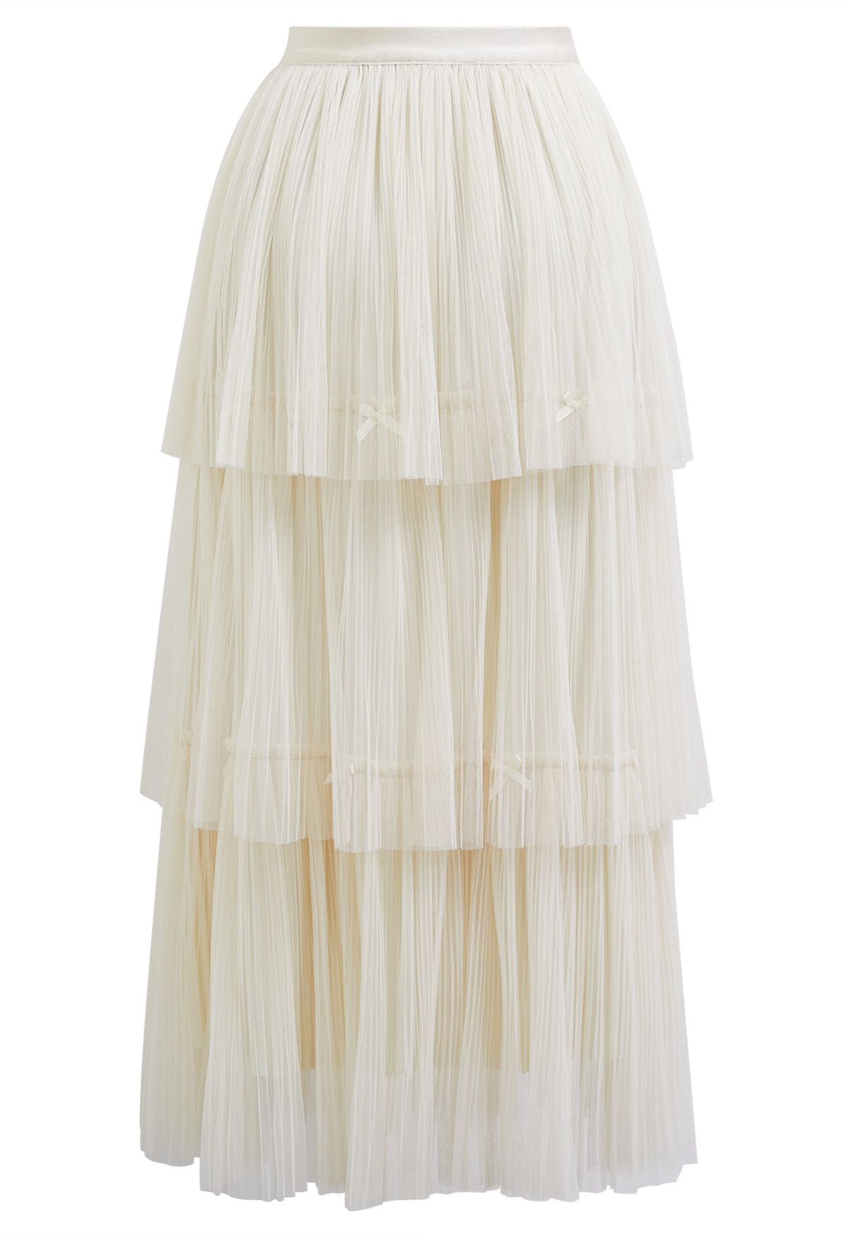 Bowknot Embellished Plisse Tiered Mesh Tulle Skirt in Cream