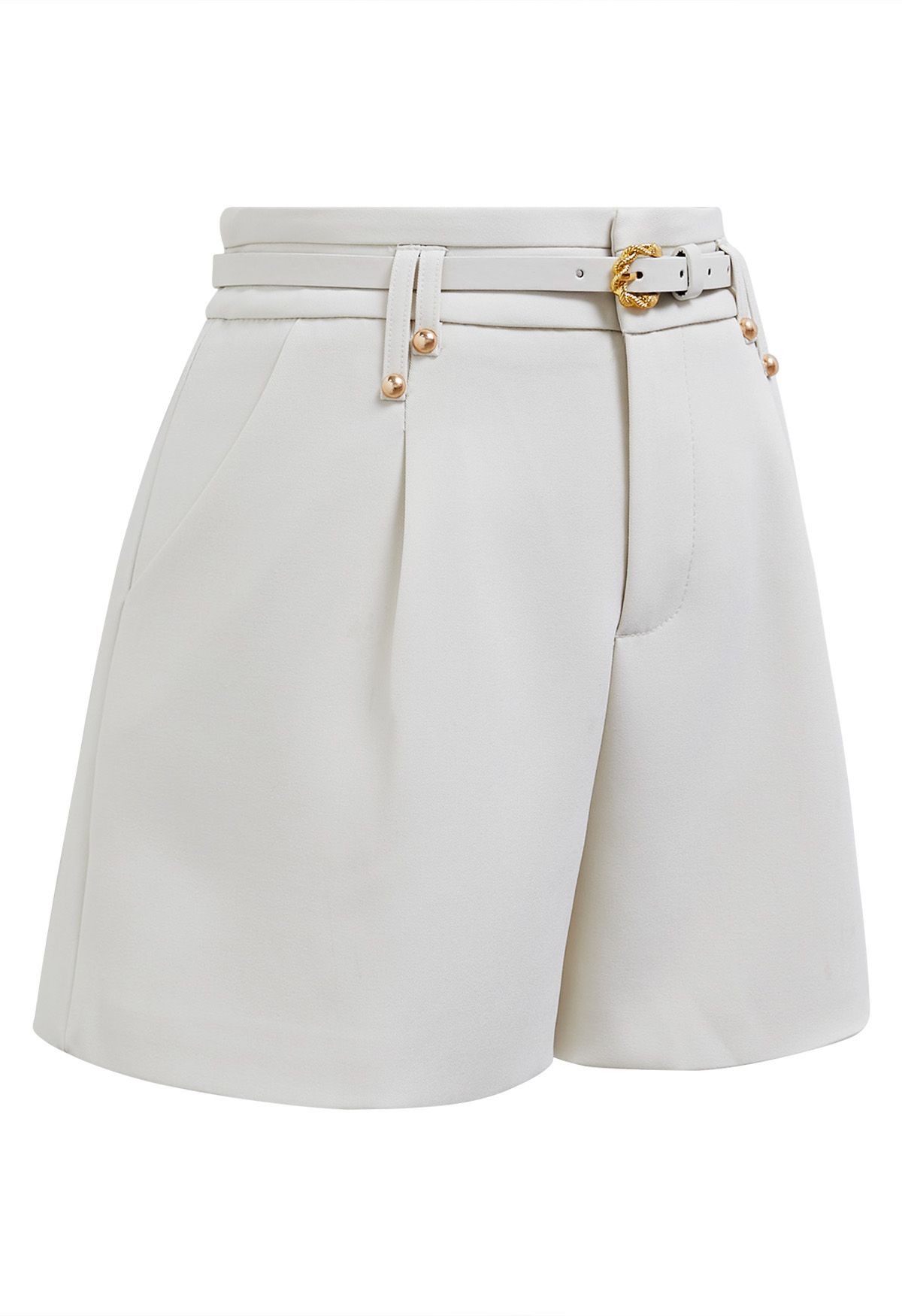 Solid Color Belted Shorts in Ivory