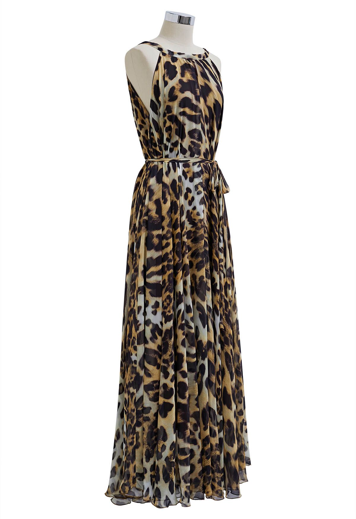 Alluring Animal Print Halter Neck Chiffon Maxi Dress