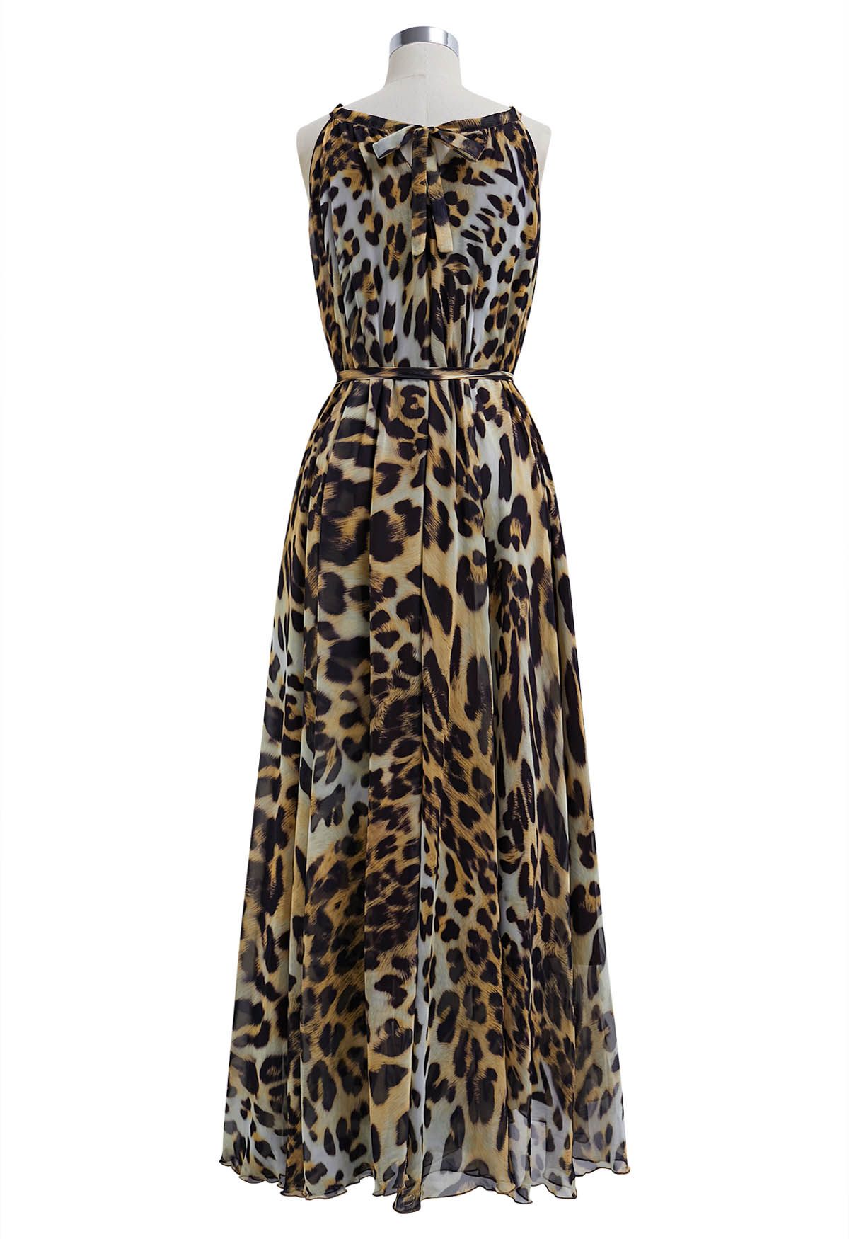 Alluring Animal Print Halter Neck Chiffon Maxi Dress