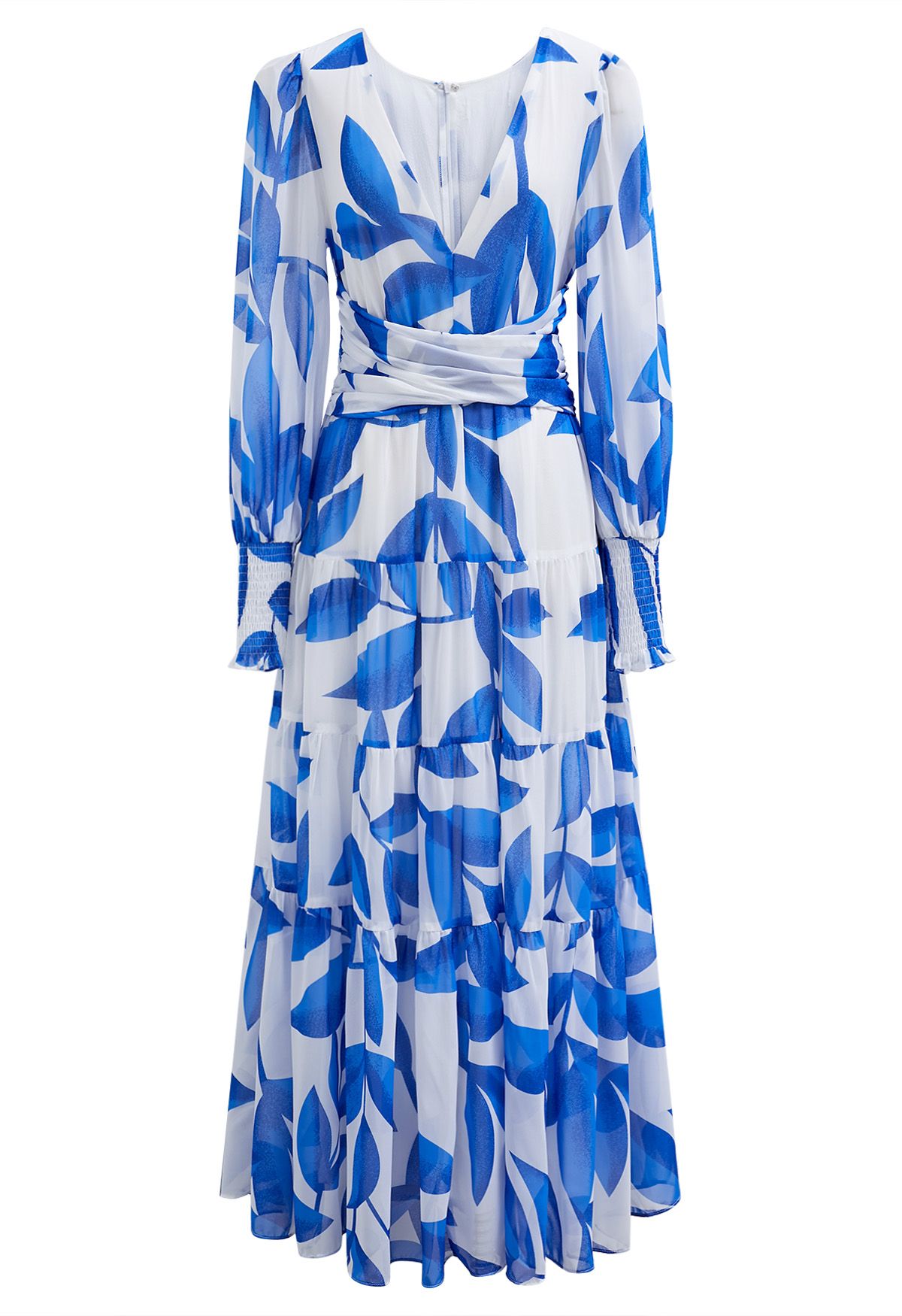 Blue Leaf Crisscross Waist Chiffon Maxi Dress
