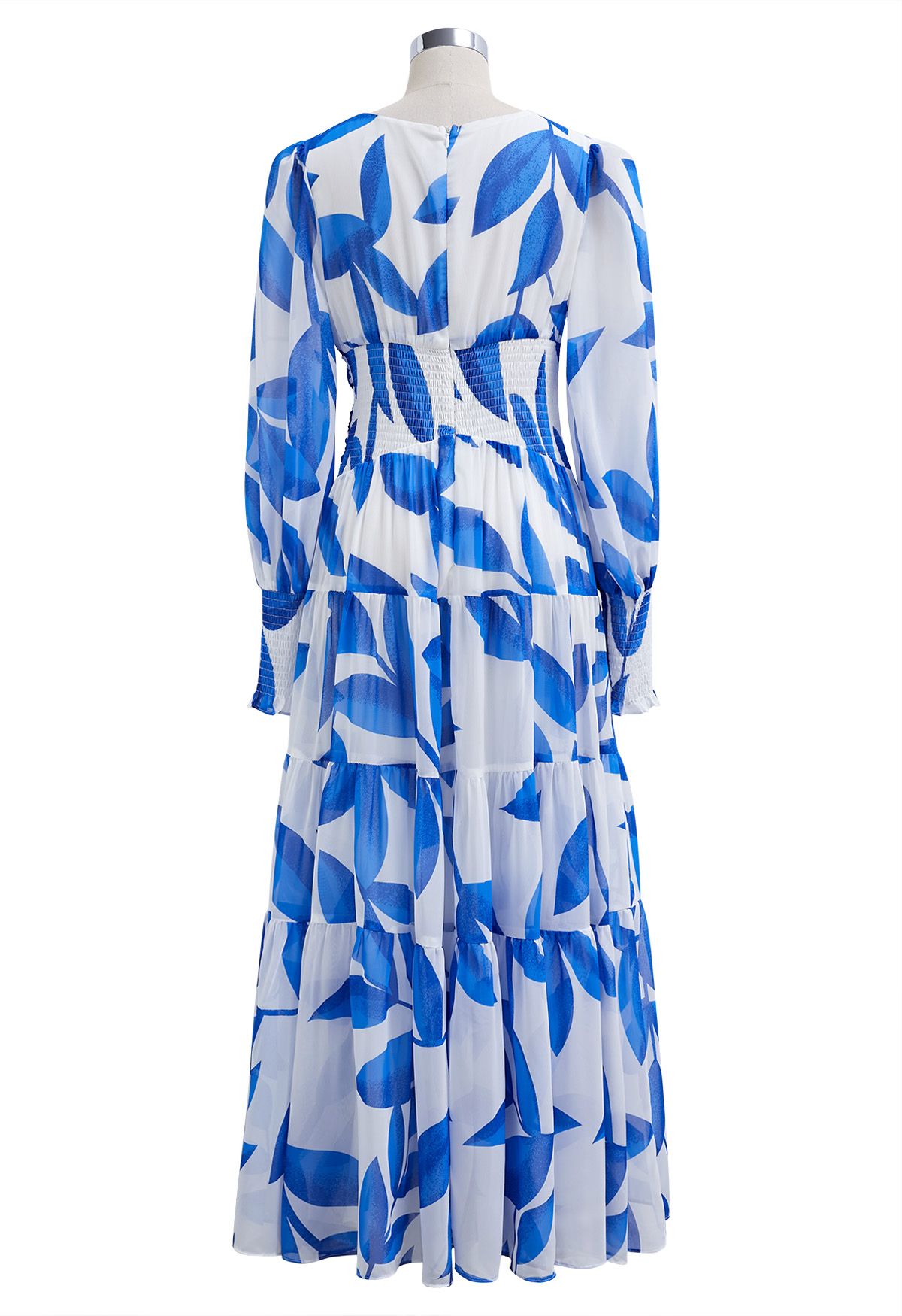 Blue Leaf Crisscross Waist Chiffon Maxi Dress
