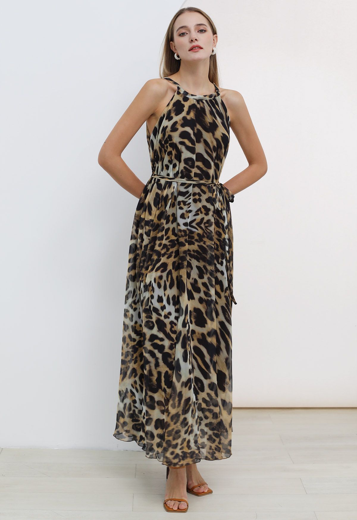 Alluring Animal Print Halter Neck Chiffon Maxi Dress