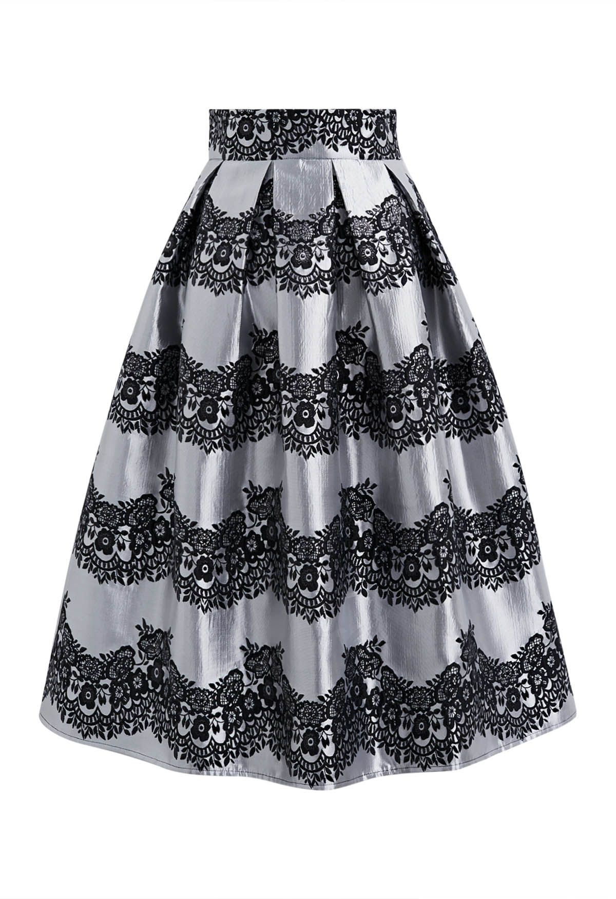 Magnificent Floral Jacquard Pleated Midi Skirt in Black