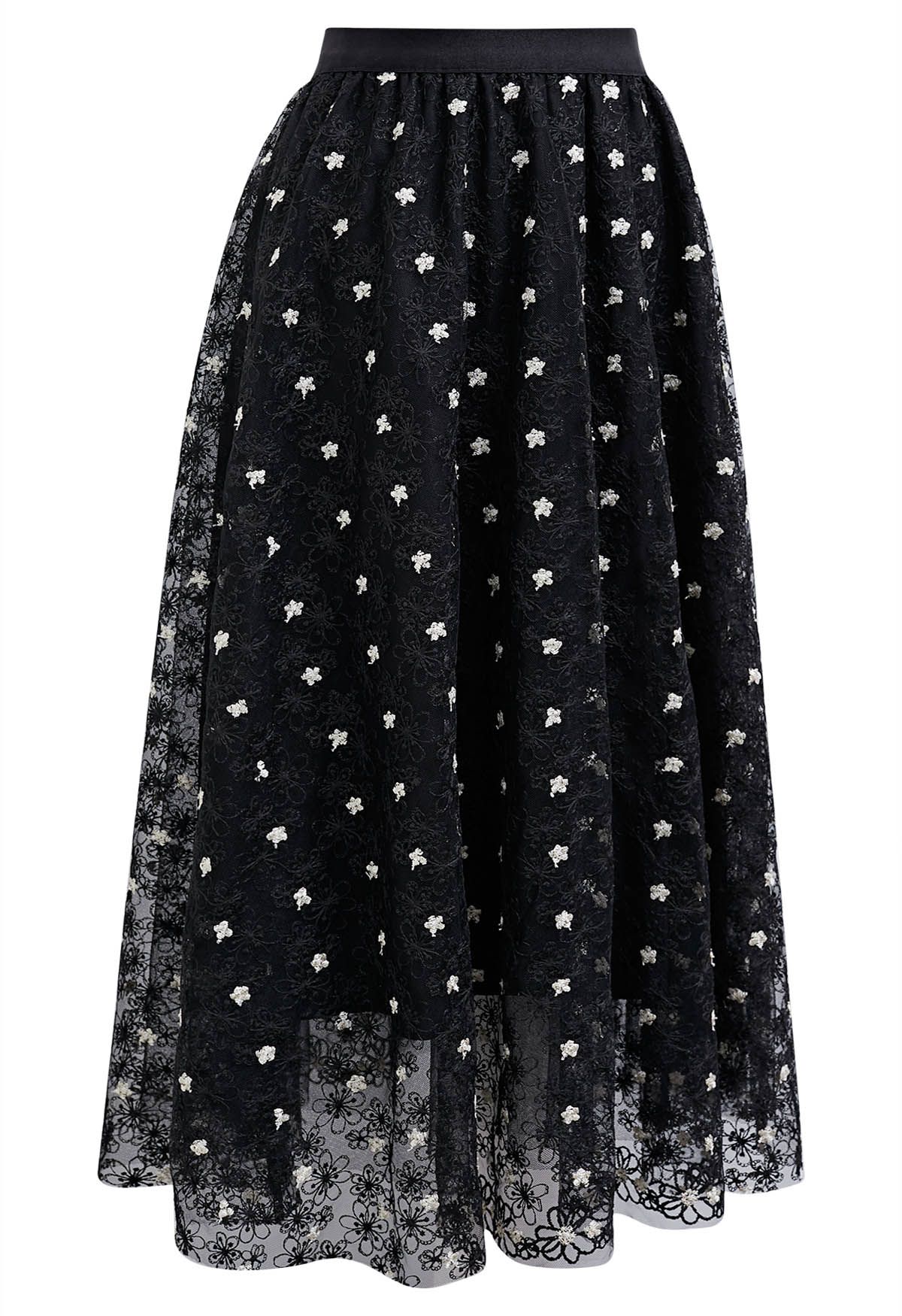Daisy Embroidered Mesh Tulle Midi Skirt in Black