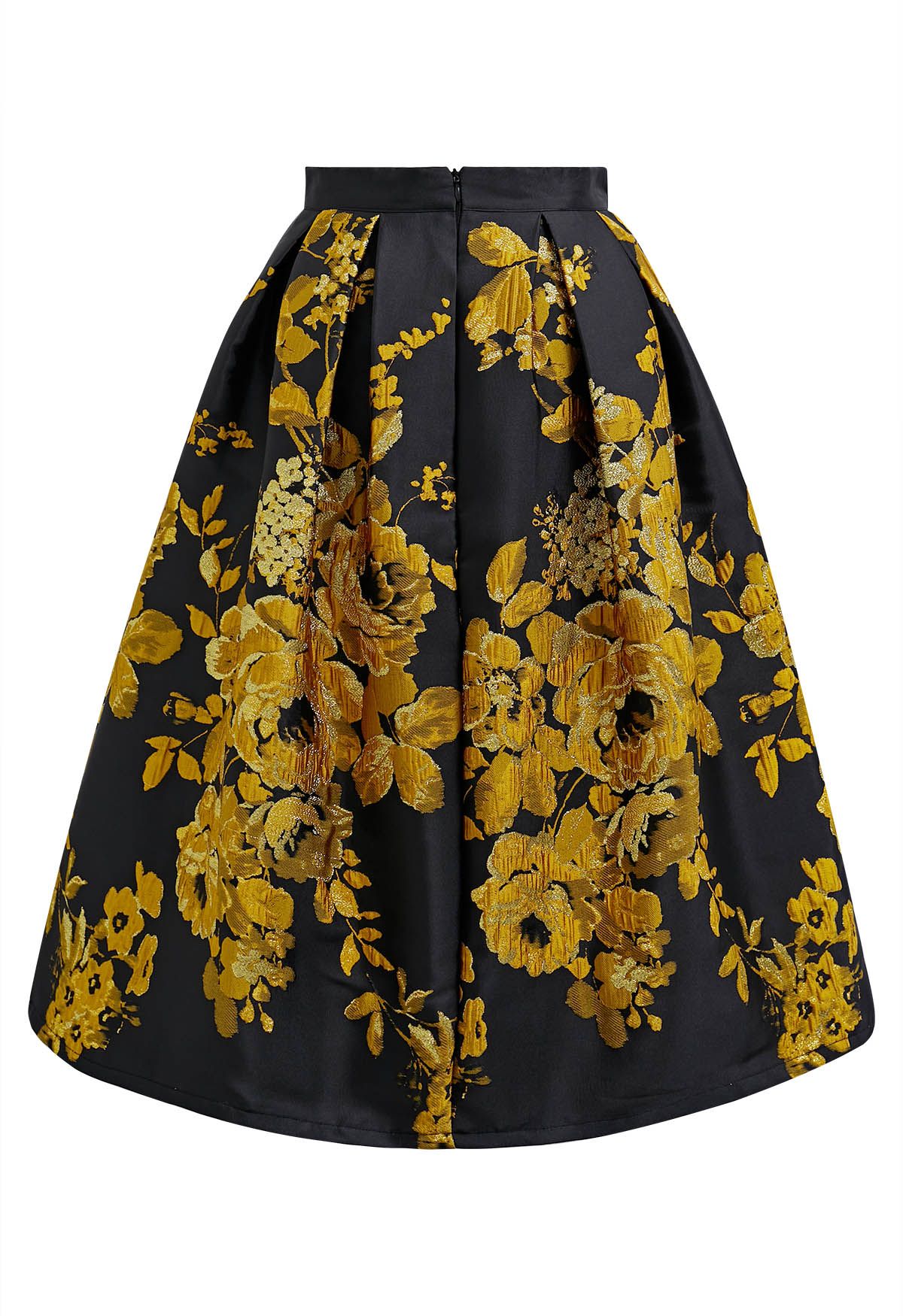 Ebullient Peony Jacquard Pleated Midi Skirt in Gold