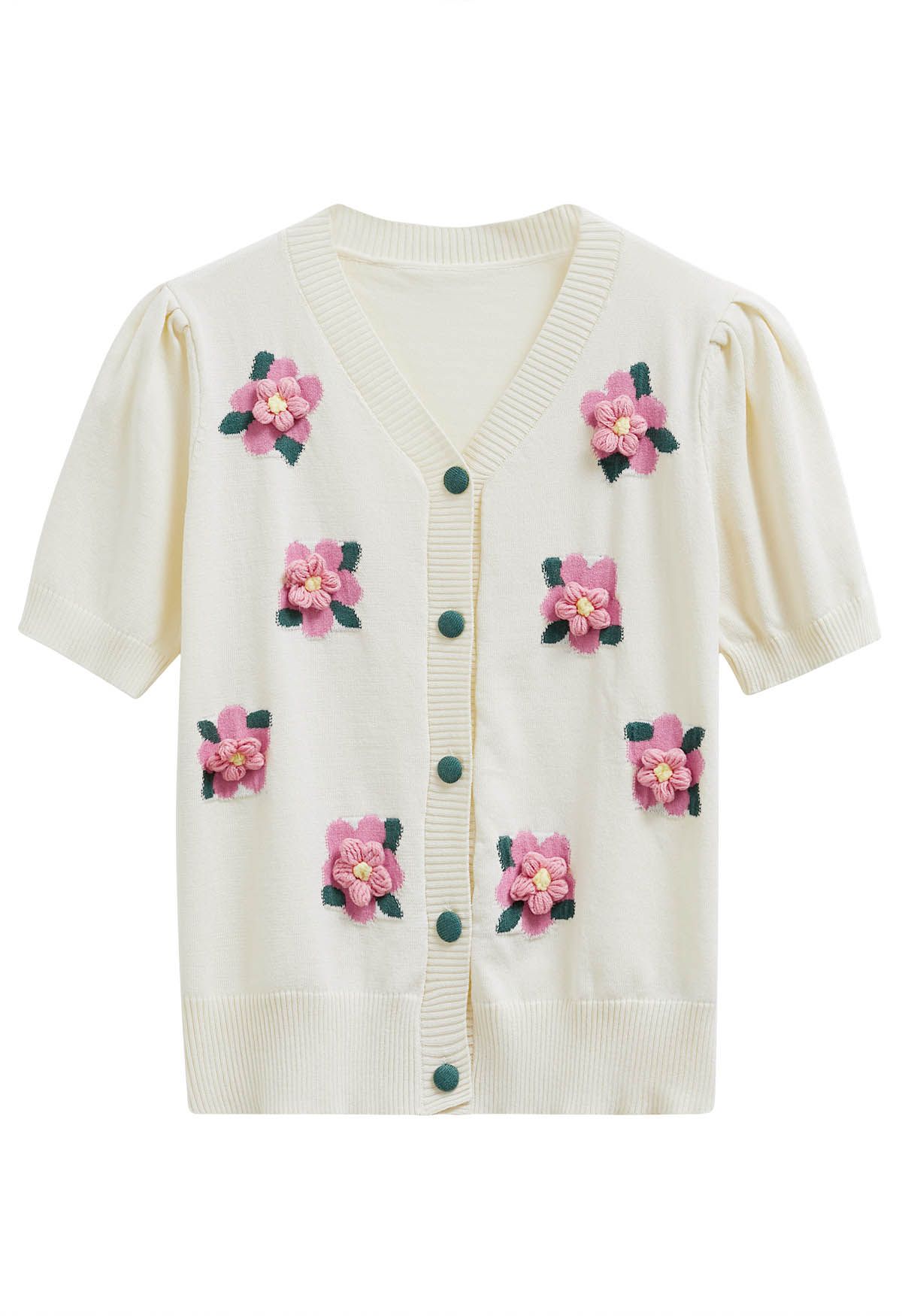 Pink Stitch Flower Short Sleeve Buttoned Cardigan