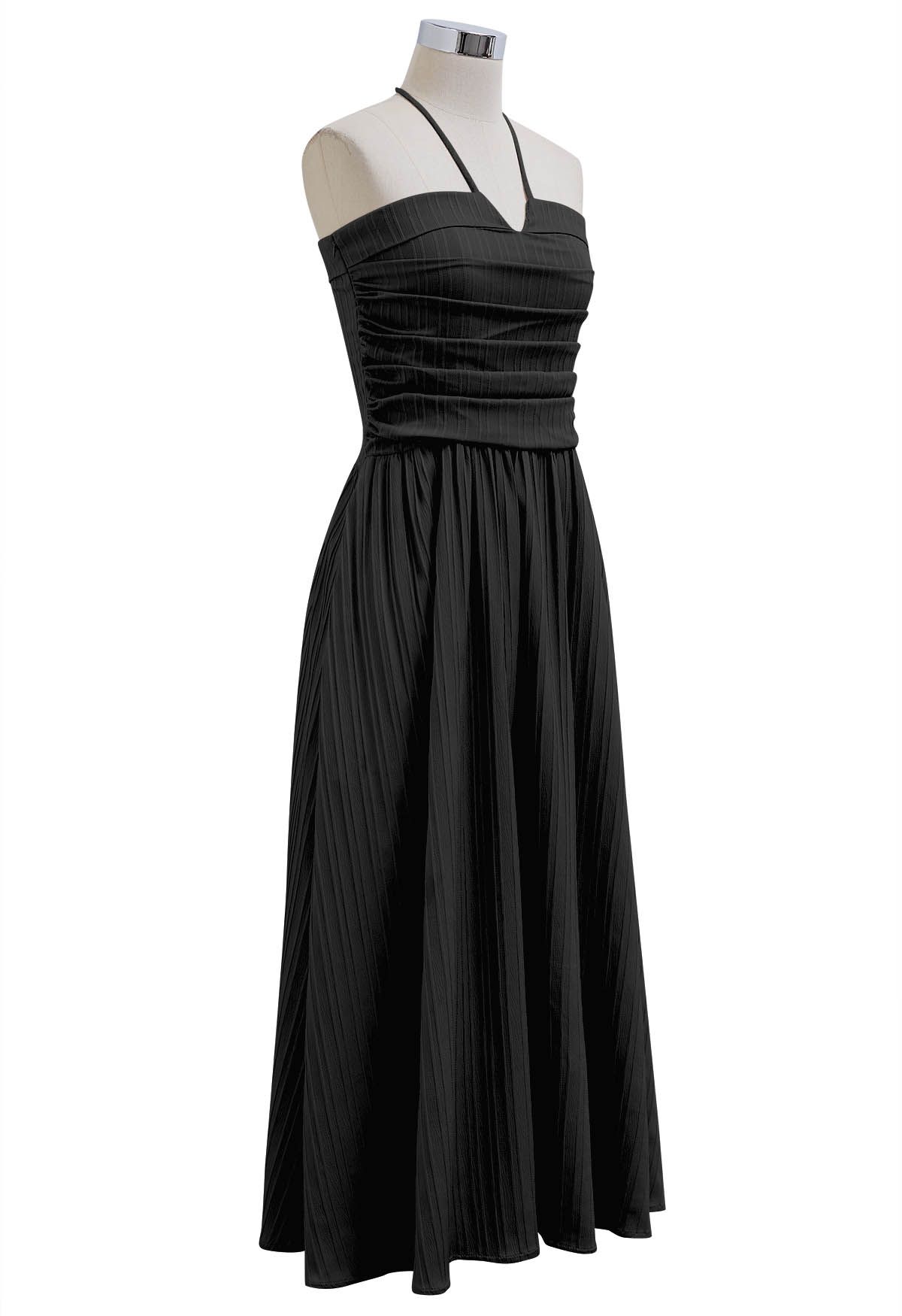 Halter Neck Shirred Back Midi Dress in Black