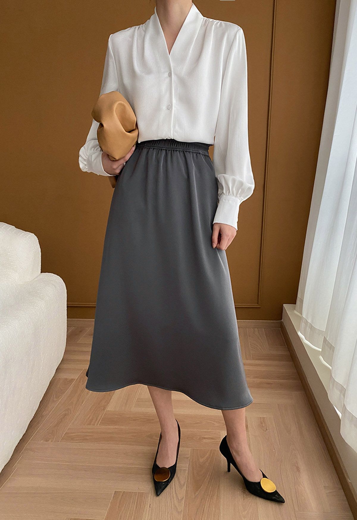 Satin High Waist Midi Skirt in Smoke