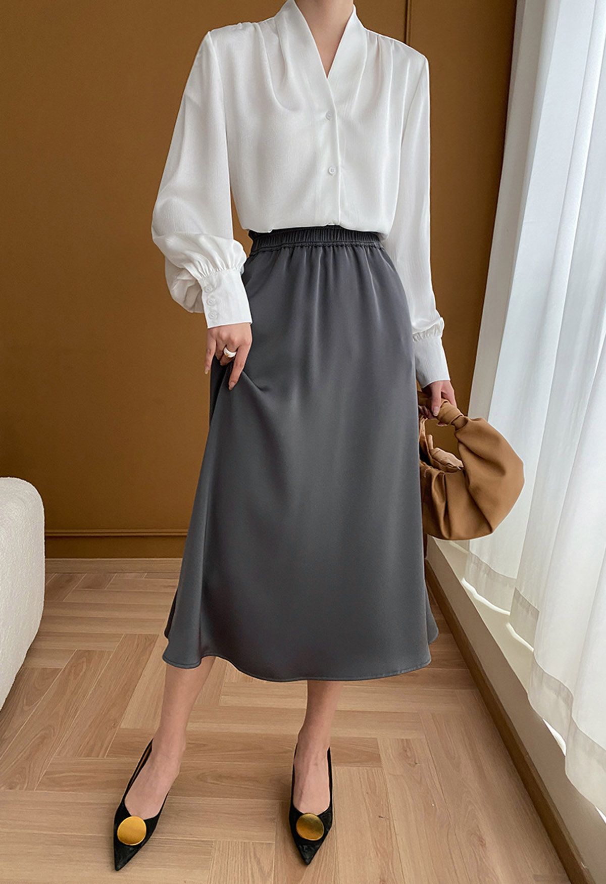 Satin High Waist Midi Skirt in Smoke