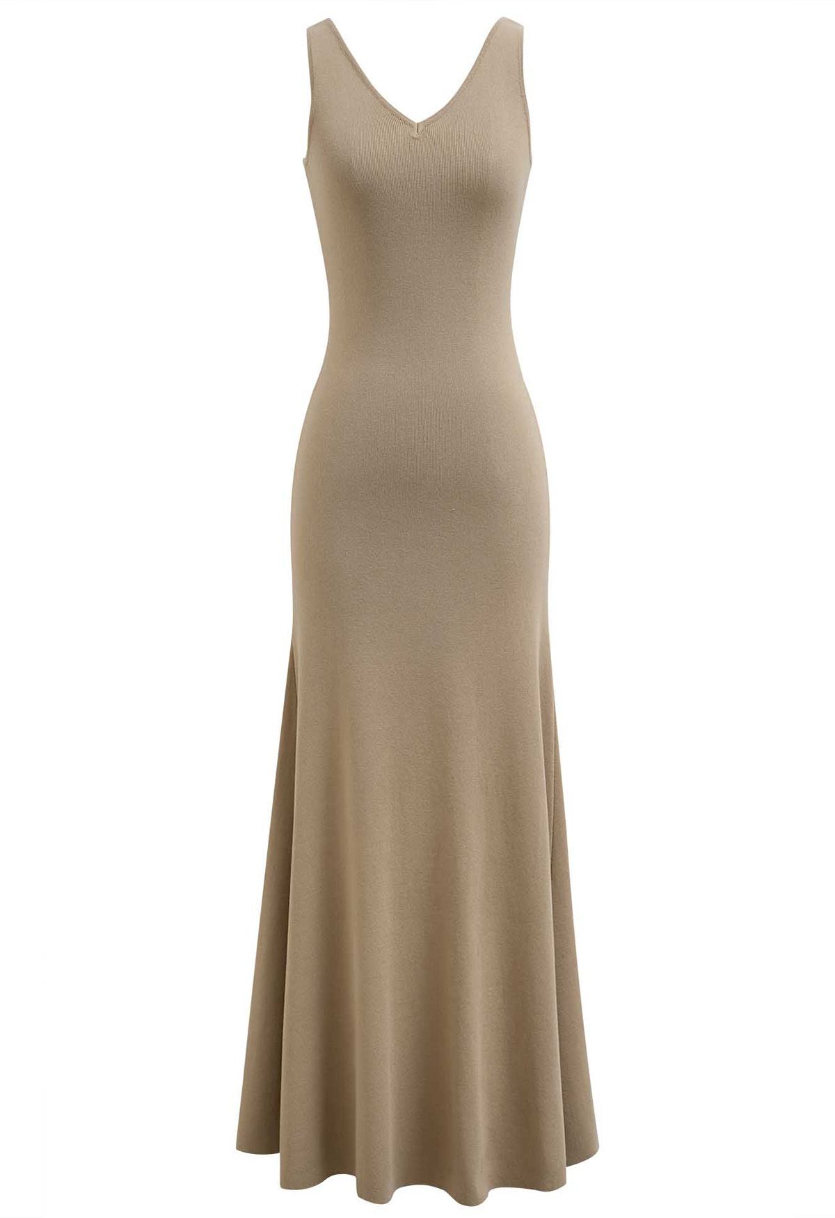 V-Neck Frill Hem Sleeveless Maxi Dress in Camel