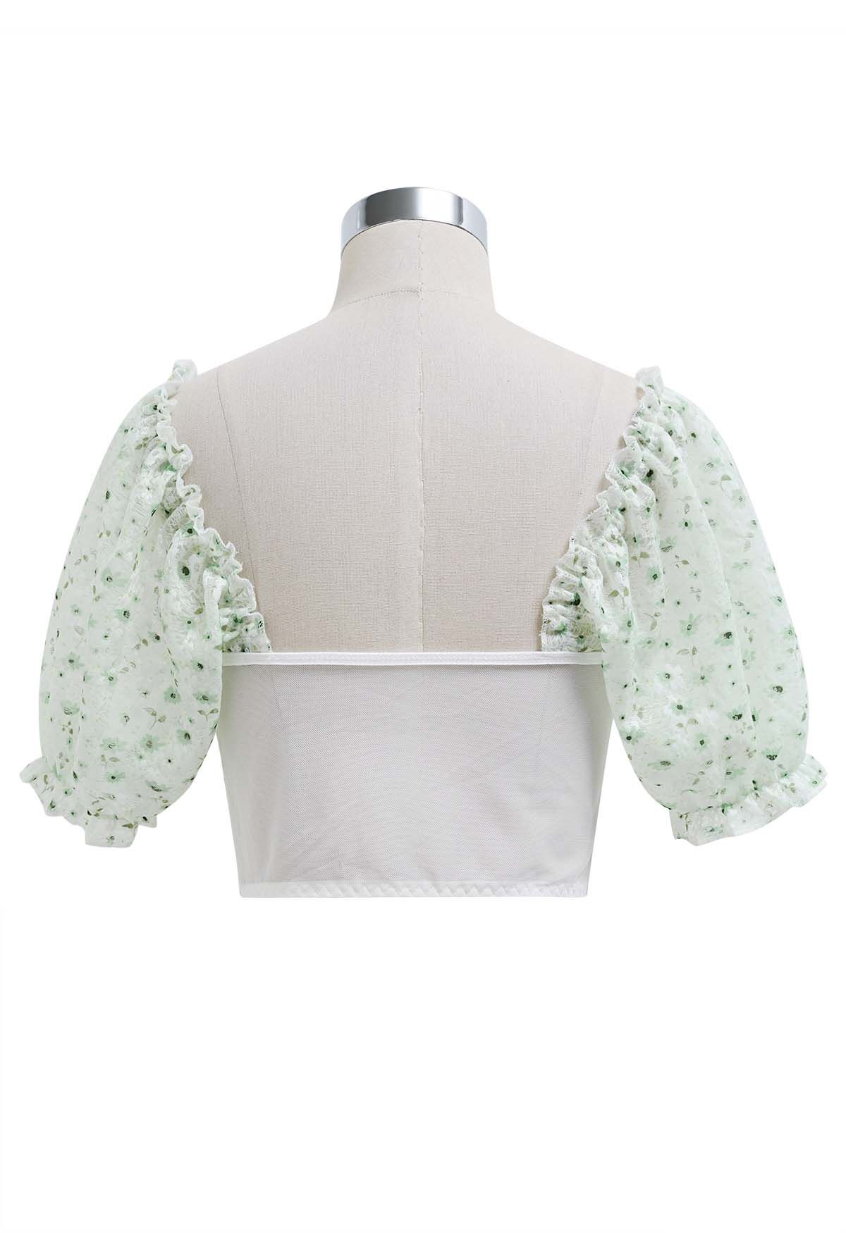 Bubble Sleeve Floret Lace Bustier Crop Top in Green