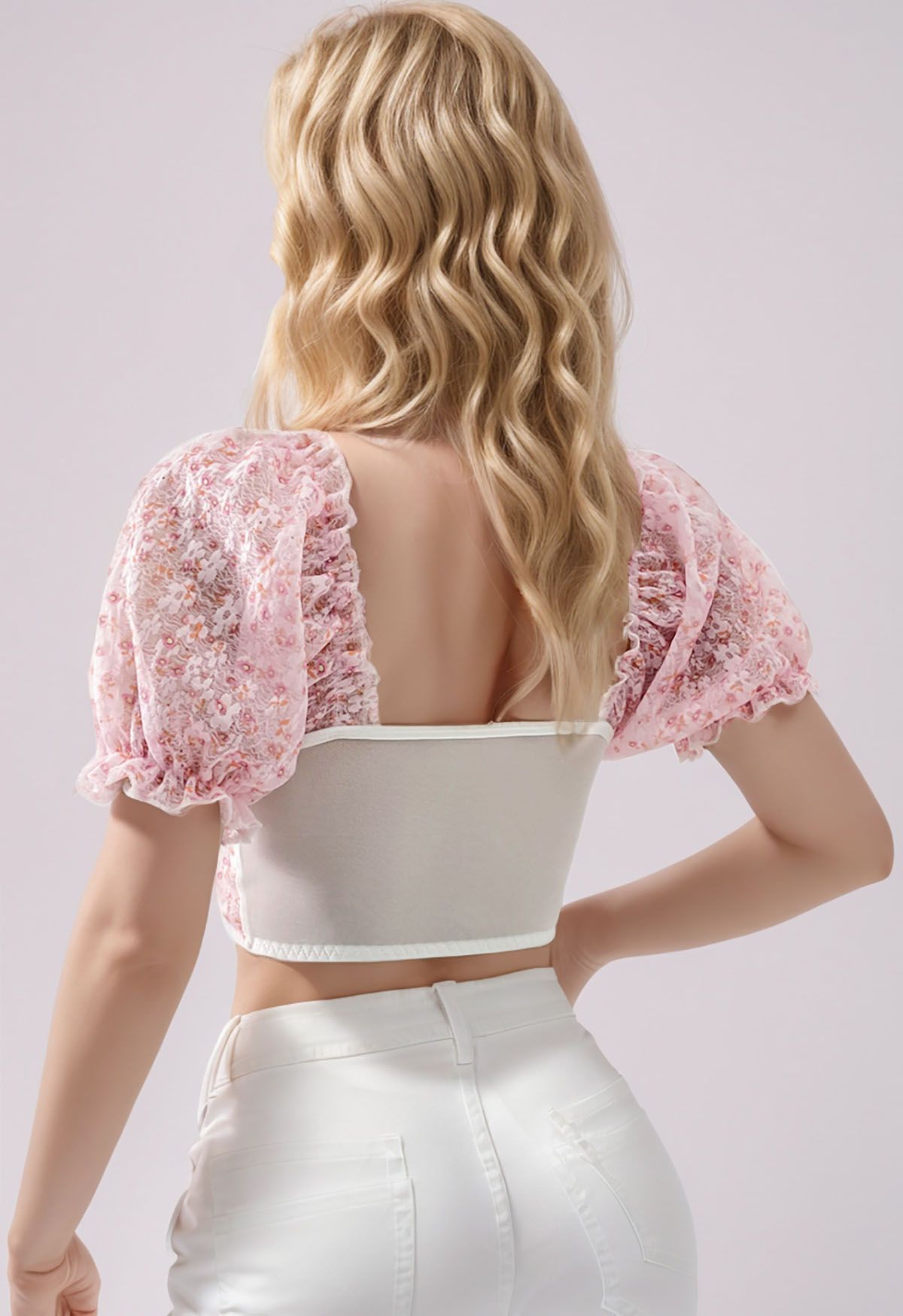 Bubble Sleeve Floret Lace Bustier Crop Top in Pink