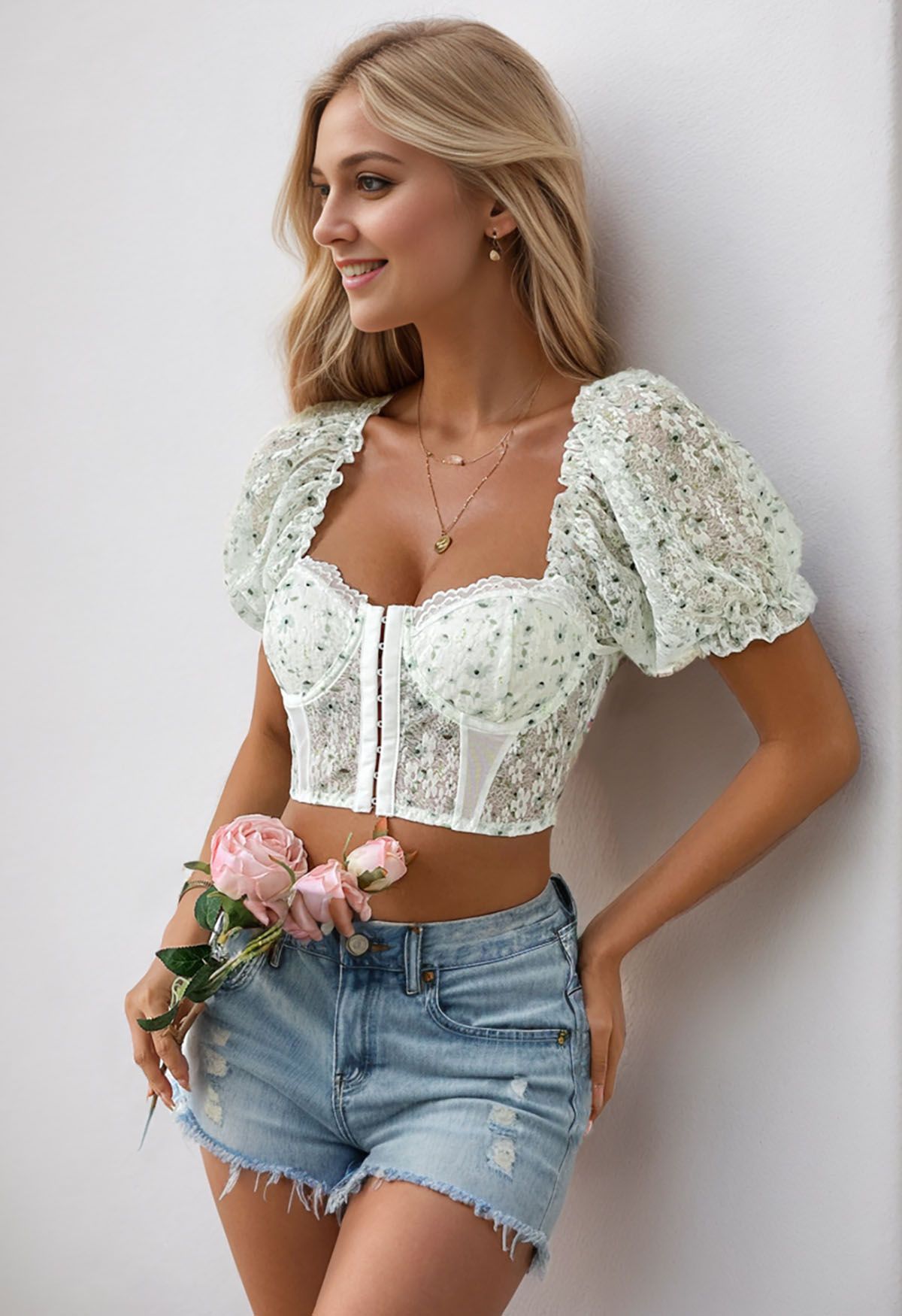Bubble Sleeve Floret Lace Bustier Crop Top in Green