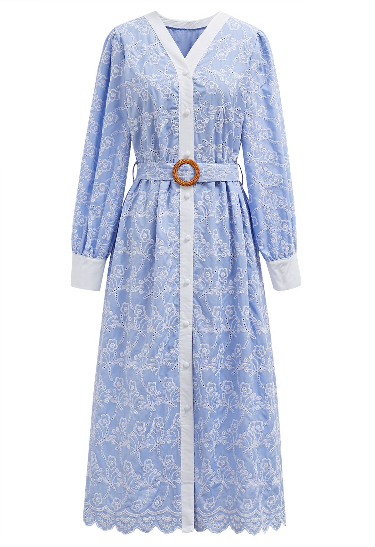 Dancing Floret Embroidered Button Down Dress in Baby Blue